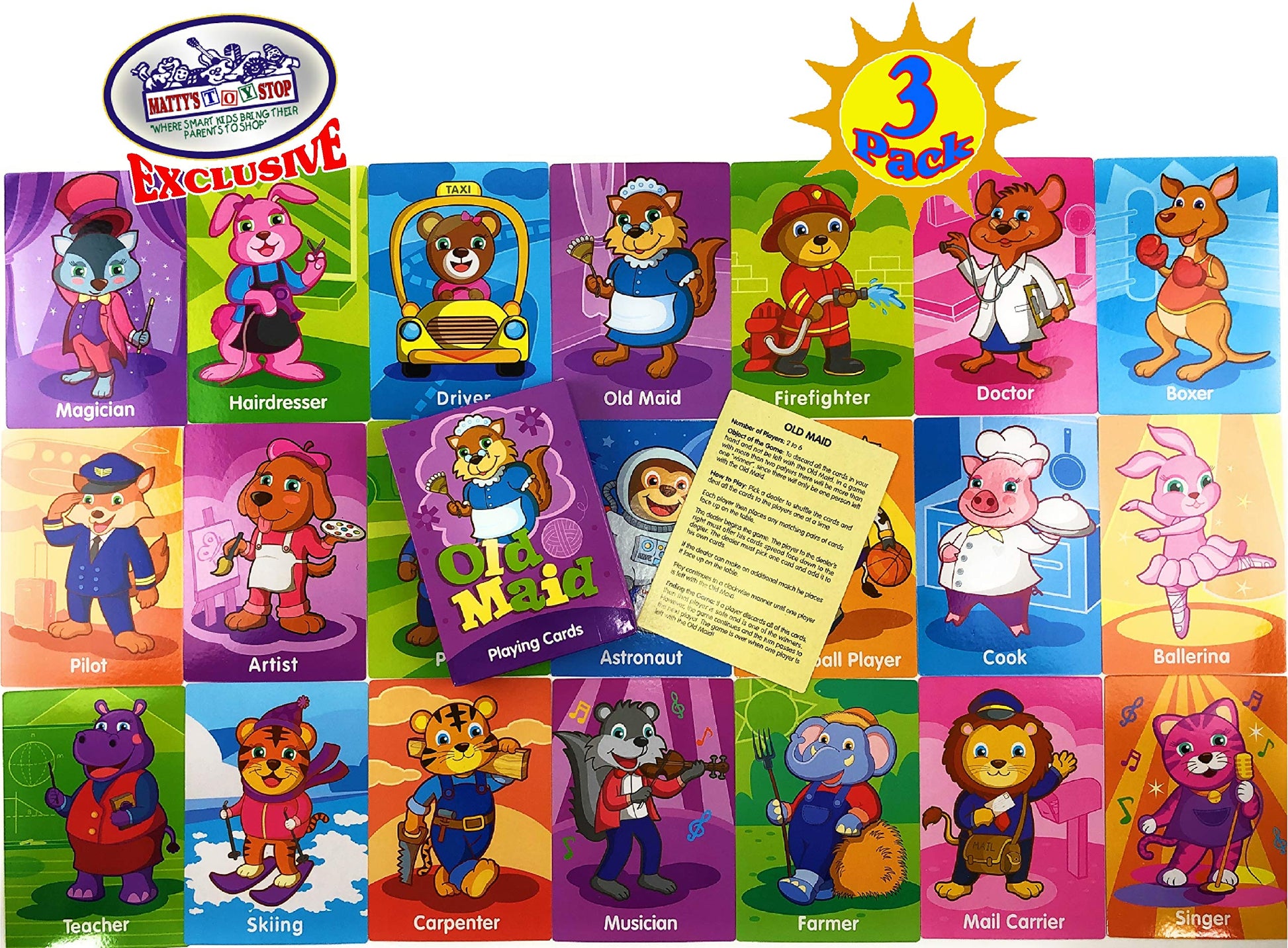Matty's Toy Stop Deluxe Jumbo Classic Playing Card Games Set (6.75" x 4.75") Featuring Go Fish, Old Maid & Animal Rummy - 3 Pack