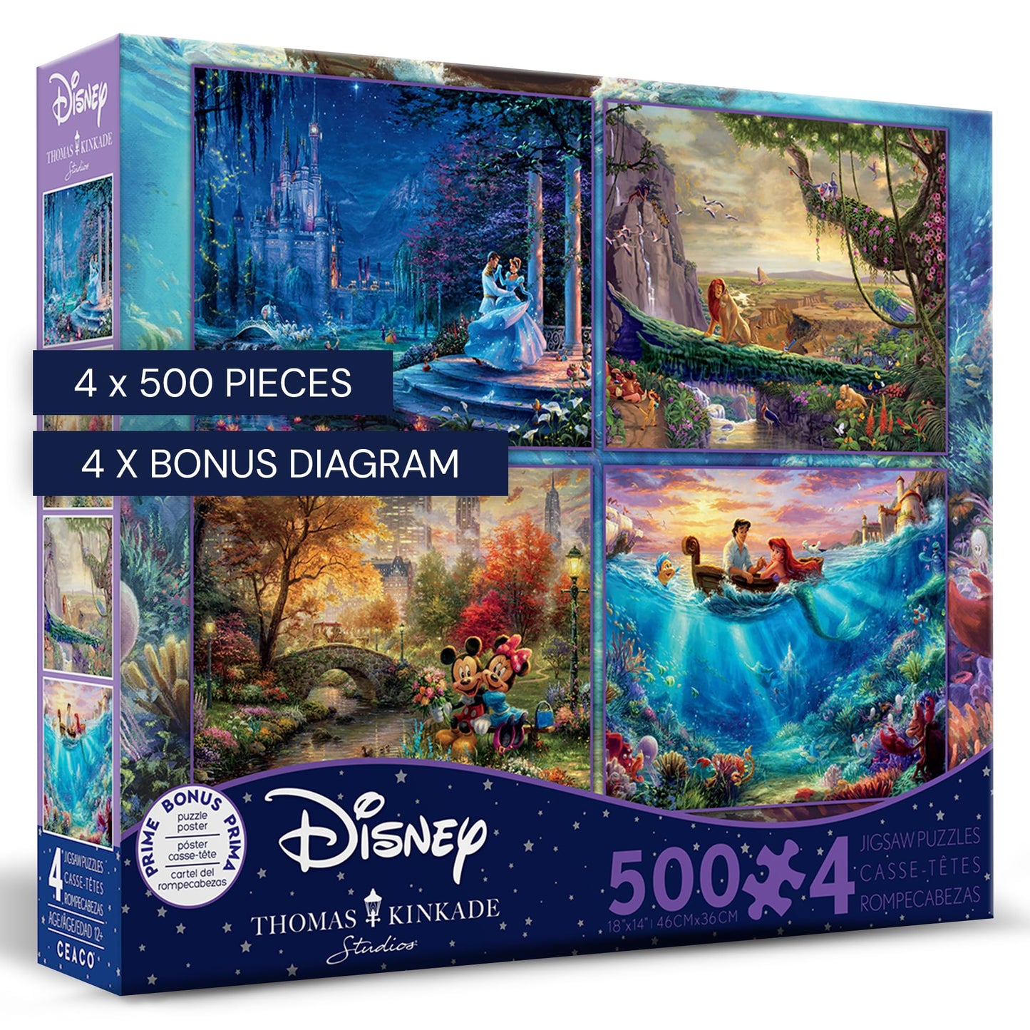 Ceaco - 4 in 1 Multipack - Thomas Kinkade - Disney Dreams Collection - Cinderella, The Lion King, Mickey and Minnie, & The Little Mermaid - (4) 500
