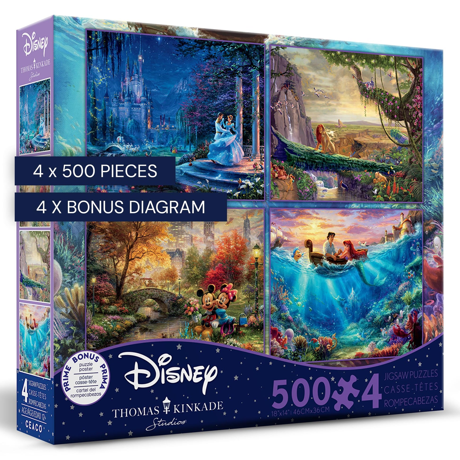 Ceaco - 4 in 1 Multipack - Thomas Kinkade - Disney Dreams Collection - Cinderella, The Lion King, Mickey and Minnie, & The Little Mermaid - (4) 500