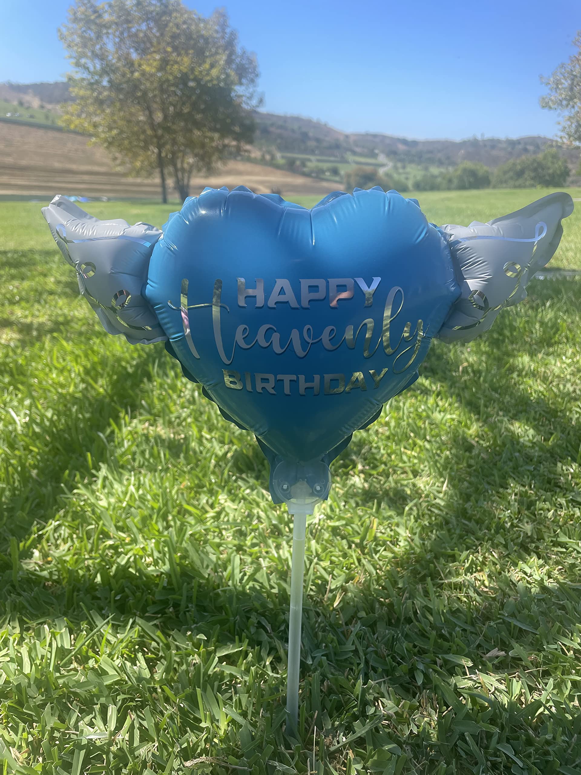 Blue Happy Heavenly Birthday Heart Balloon on a Stick with Angel Wings - Memorial & Remembrance