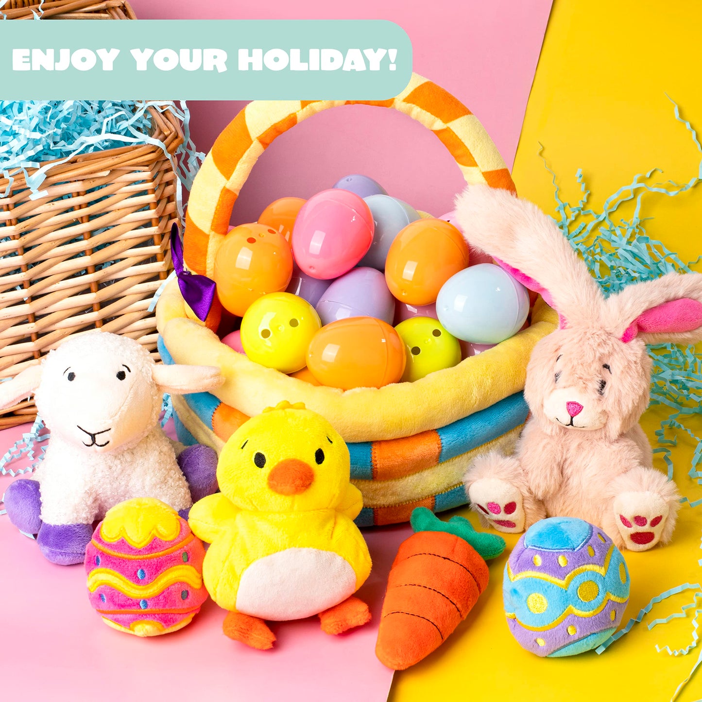 JOYIN 7 PCS Easter Basket Plush Playset Stuffers with Lamb Bunny Chick Carrot Egg Toys, Easter Party Favors Decorations Gifts Supplies for Baby Girls