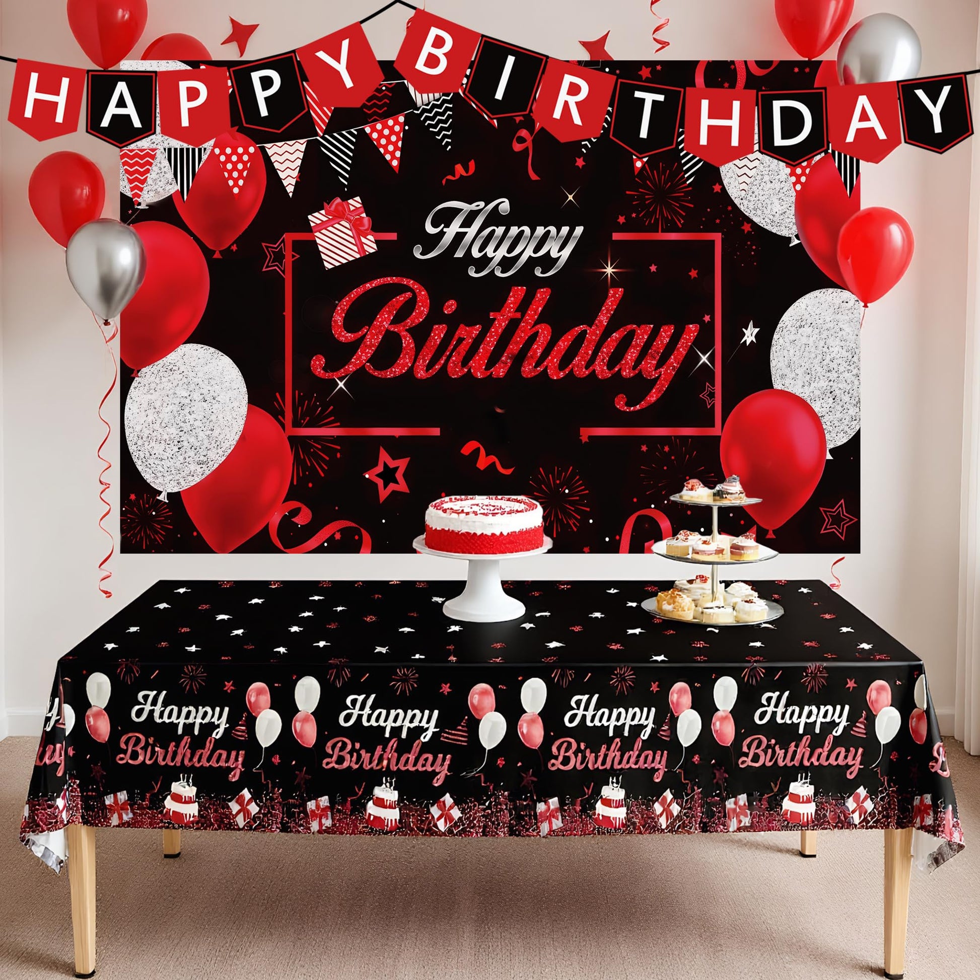 Red Birthday Background Party Supplies Decorations Red and Black Happy Birthday Banner Backdrop Tablecloth for Parties