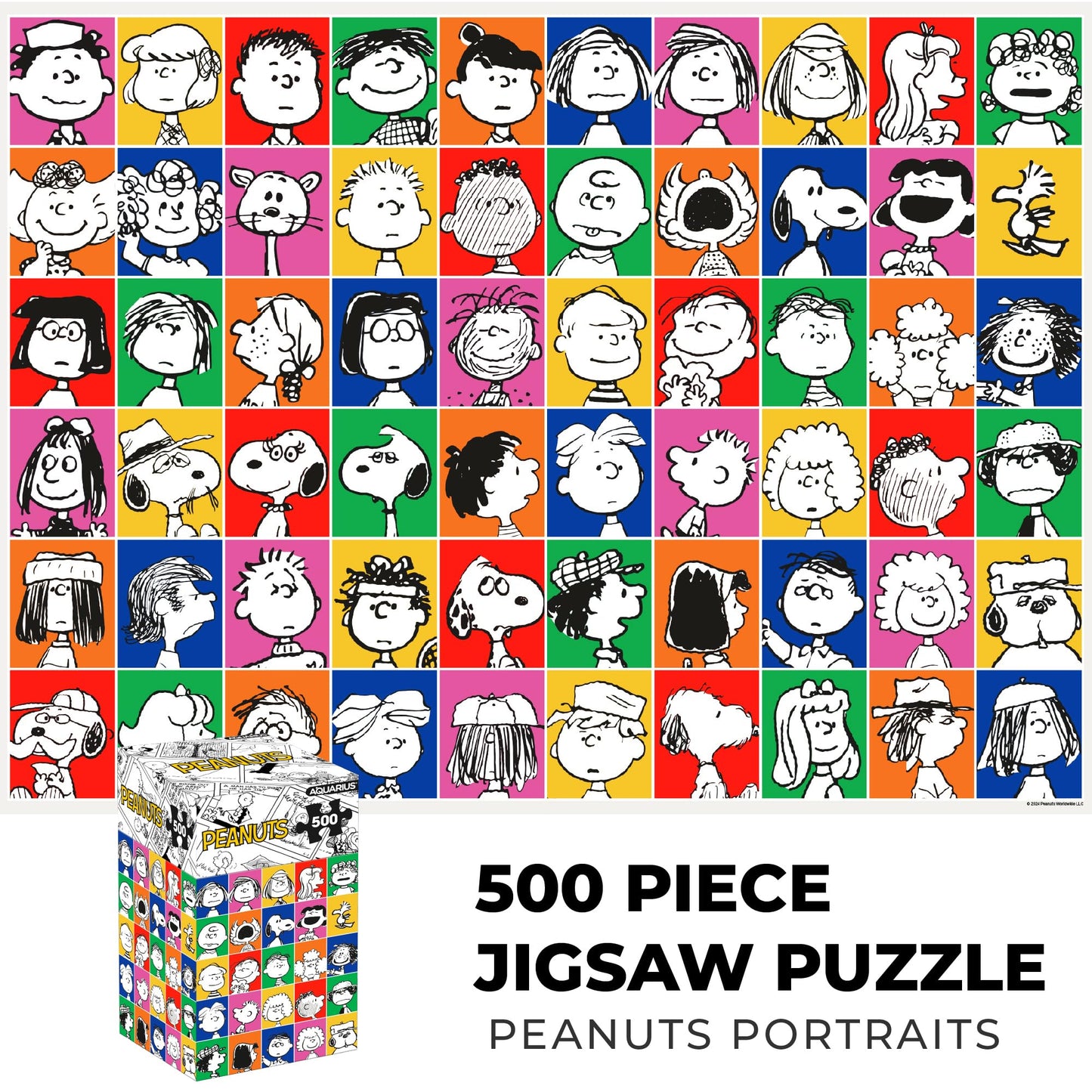 Aquarius Peanuts 500 Piece Collage Puzzle for Adults - 75th Anniversary Portraits Charlie Brown Snoopy Merchandise 14"x19" Collectible Gifts