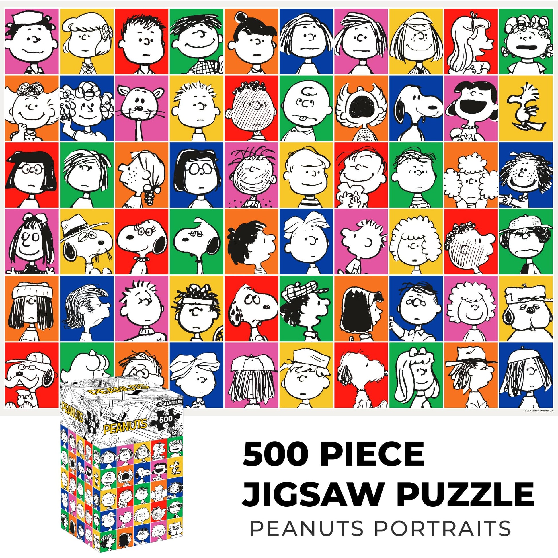 Aquarius Peanuts 500 Piece Collage Puzzle for Adults - 75th Anniversary Portraits Charlie Brown Snoopy Merchandise 14"x19" Collectible Gifts