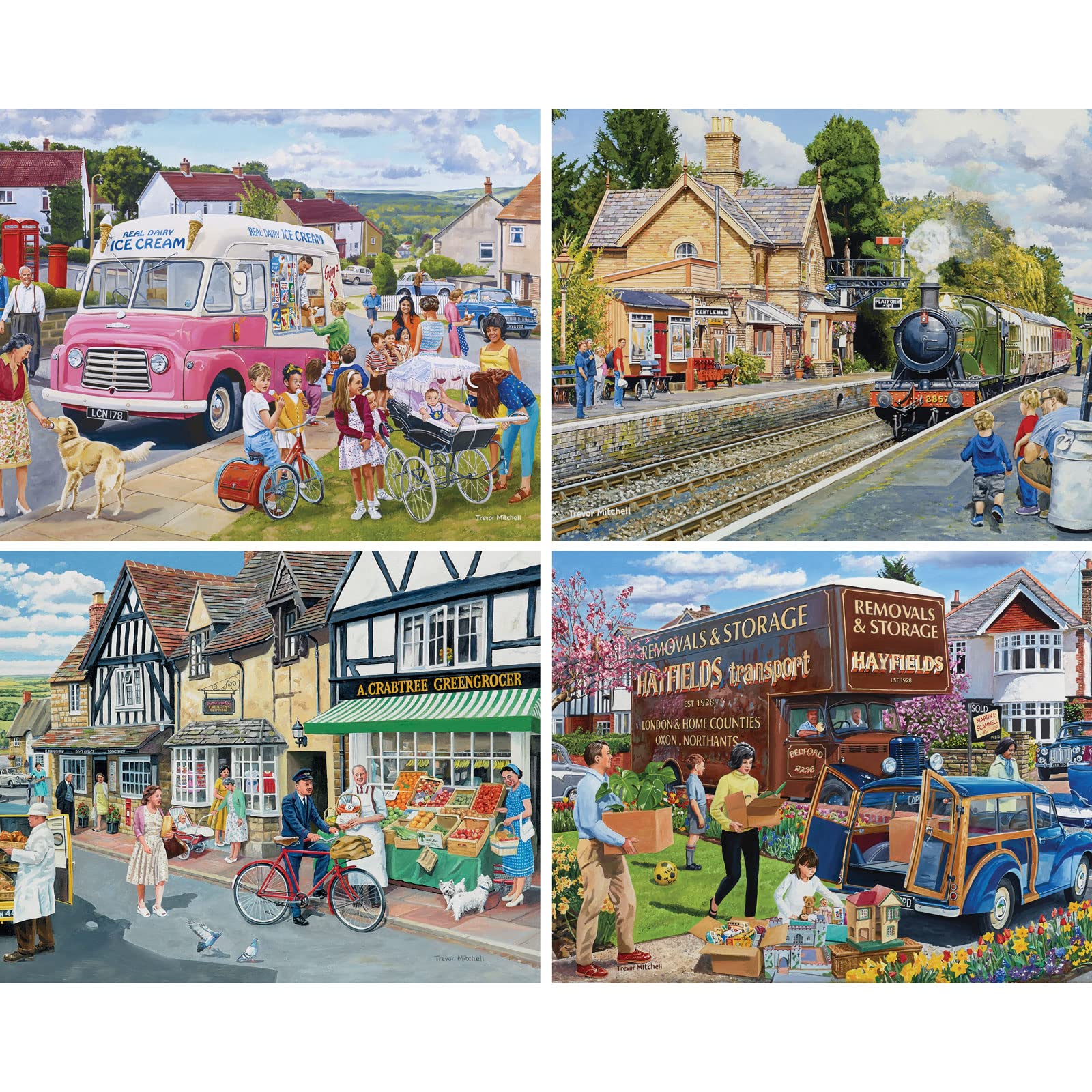 Bits and Pieces - 4-in-1 Multi-Pack 500 Piece Jigsaw Puzzles for Adults - illage Memories Jigsaw Puzzle Set Bundle by Trevor Mitchell, Completed