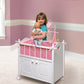 Badger Basket Wooden Toy Doll Bed with Storage, Mobile, and Bedding - Includes Wheels and Free Personalization Kit to Pretend and Play - White