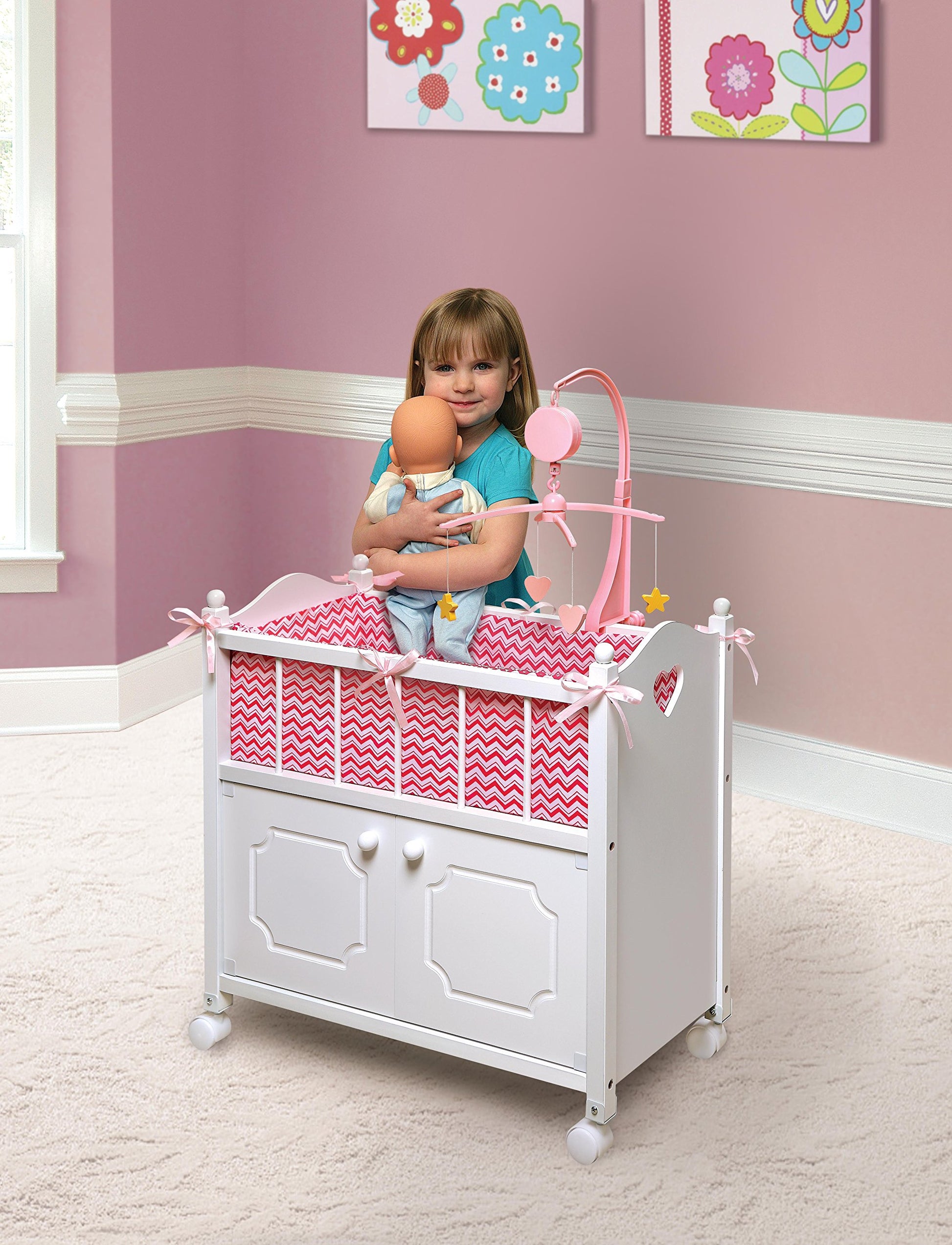 Badger Basket Wooden Toy Doll Bed with Storage, Mobile, and Bedding - Includes Wheels and Free Personalization Kit to Pretend and Play - White