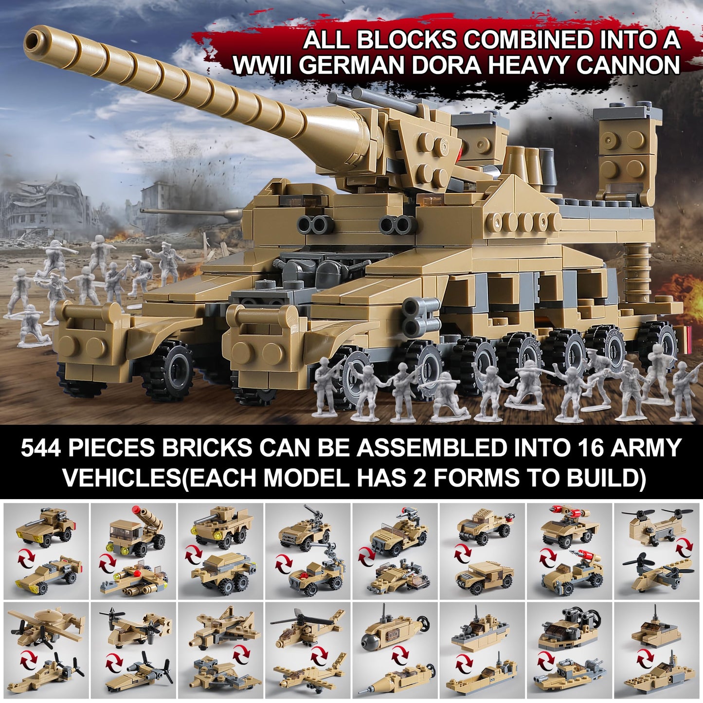 WW2 Army Tank Toys Building Sets Compatible with Lego, Create a German Dora Cannon or 16 Military Vehicles with 20 Toy Soldiers, STEM Toys for Boys
