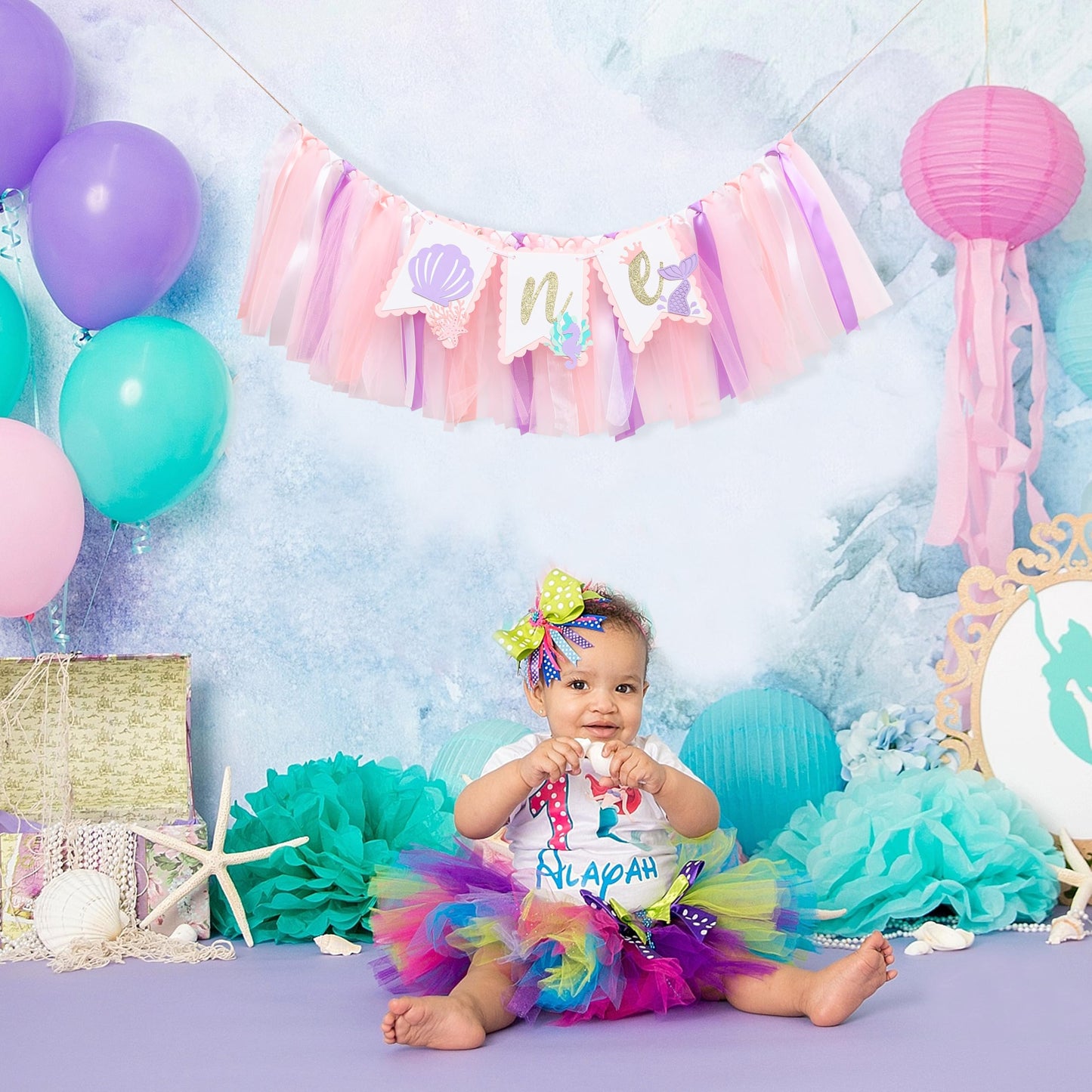 Mermaid 1st Birthday High Chair Banner - Under the Sea First Birthday Party Decoration, Mermaid Theme One Party Banner, Cake Smash Photo Props
