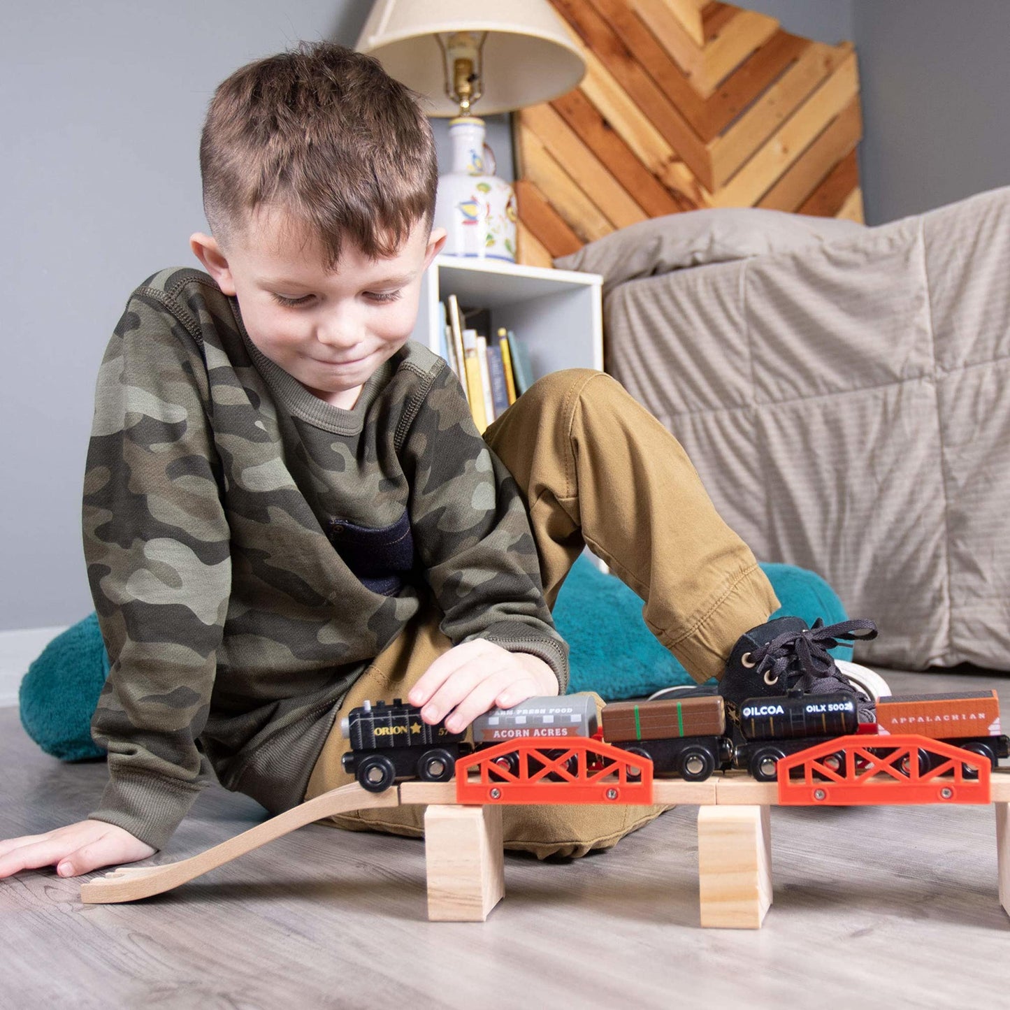 Playtime Express Train Set | 12-Piece Wooden Train Box | Includes Unique Custom Designs and Classics: Recycling Transport, Timber Train, Wheat Car