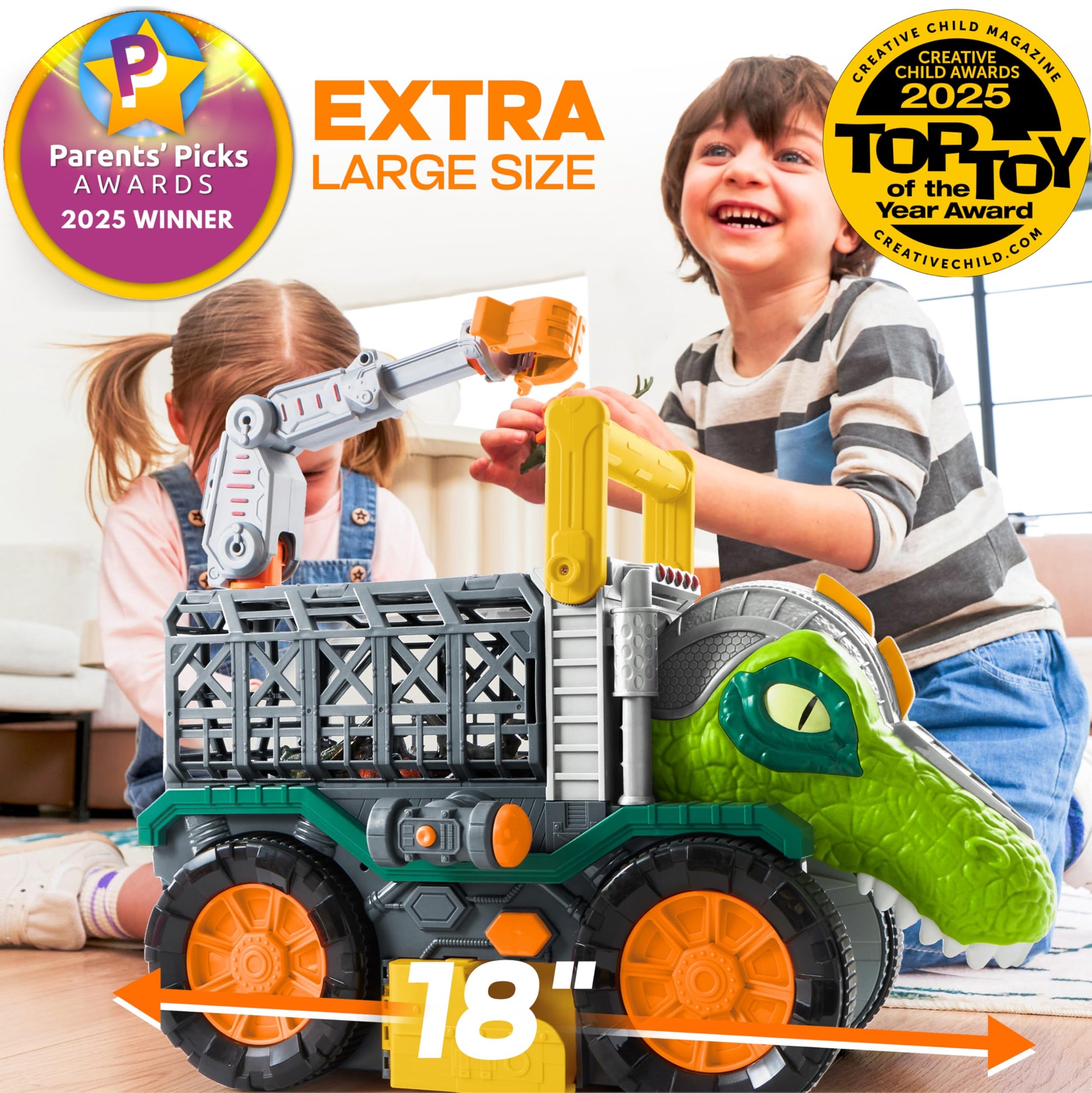 JOVA Vroomix Dinosaur Toy for Toddlers 2 3 4 5+ Year Old, Extra Large Dinosaur Monster Truck with Figures, T-Rex Toy with Launcher and Darts, Crane