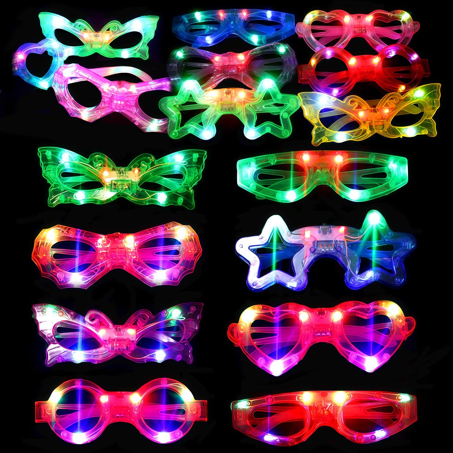 24 Packs LED Glasses for kids Glow in the dark Party Supplies ,6 LED 6 Shapes Light up Party Glasses Flashing Glow Party Favor Toys Bulk for Kids