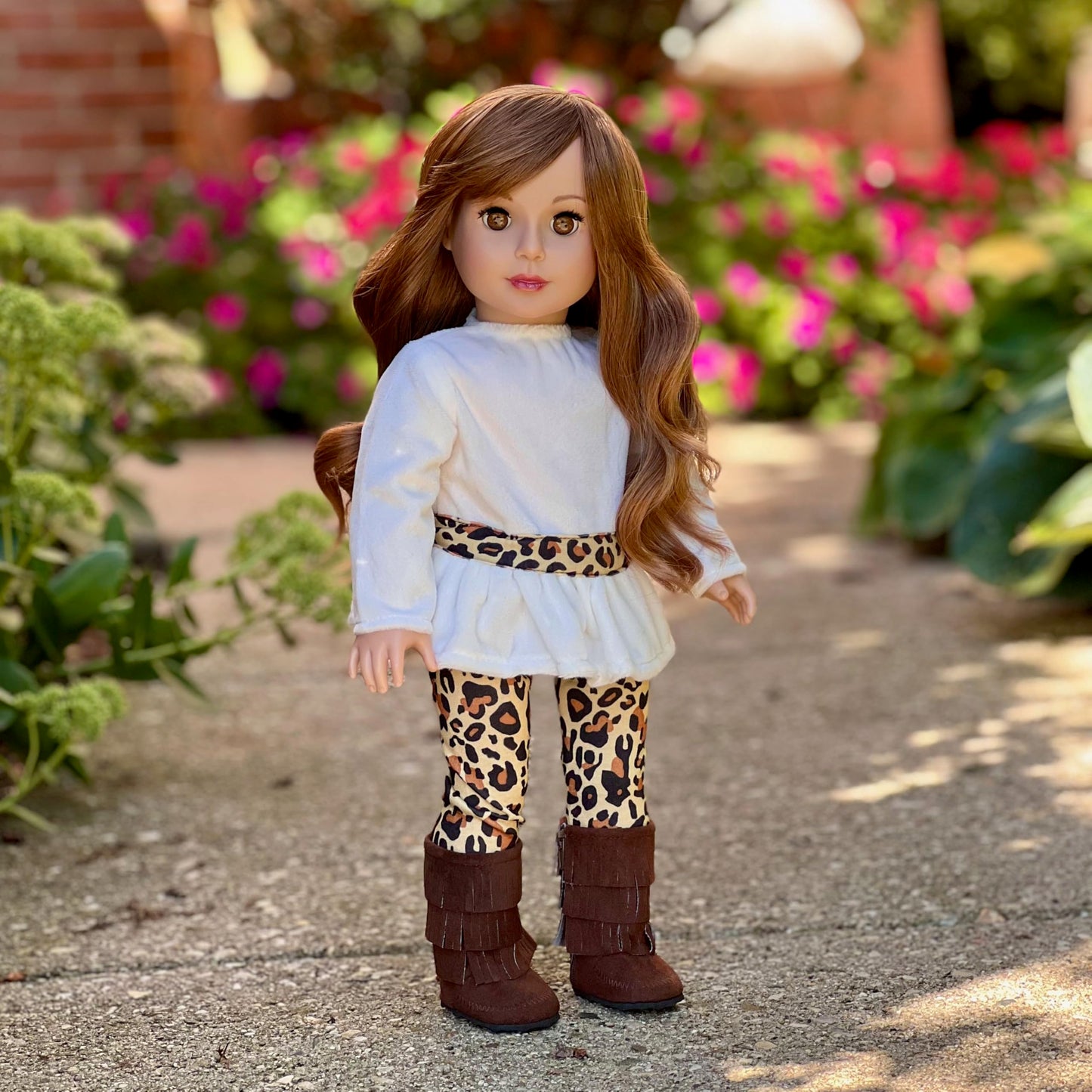 18 inch Dol Clothes - Fashion Safari - 3 Piece 18 inch Doll Outfit - Ivory Velvet Tunic, Cheetah Leggings and Fringed Boots - (Doll Not Included)