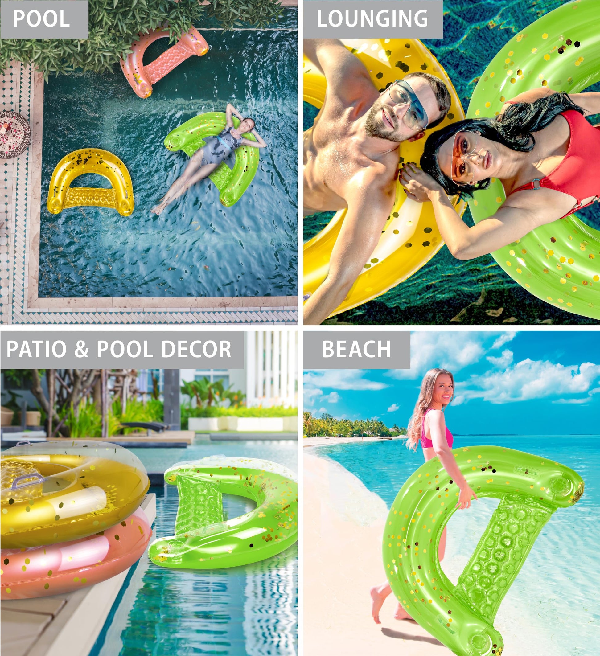 POZA Inflatable Pool Float Chair - Sparkle Confetti Lounge Inflatable Pool Floats, 2 Built in Cup Holders & Handles, Adult Inflatable Pool Lounger