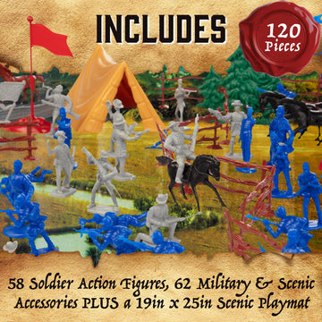 Civil War Army Men Toy Soldier Action Figure Deluxe Playset -120pc with Confederate & Union Soldiers, Cannons, Wagons, Rideable Horses, Terrain