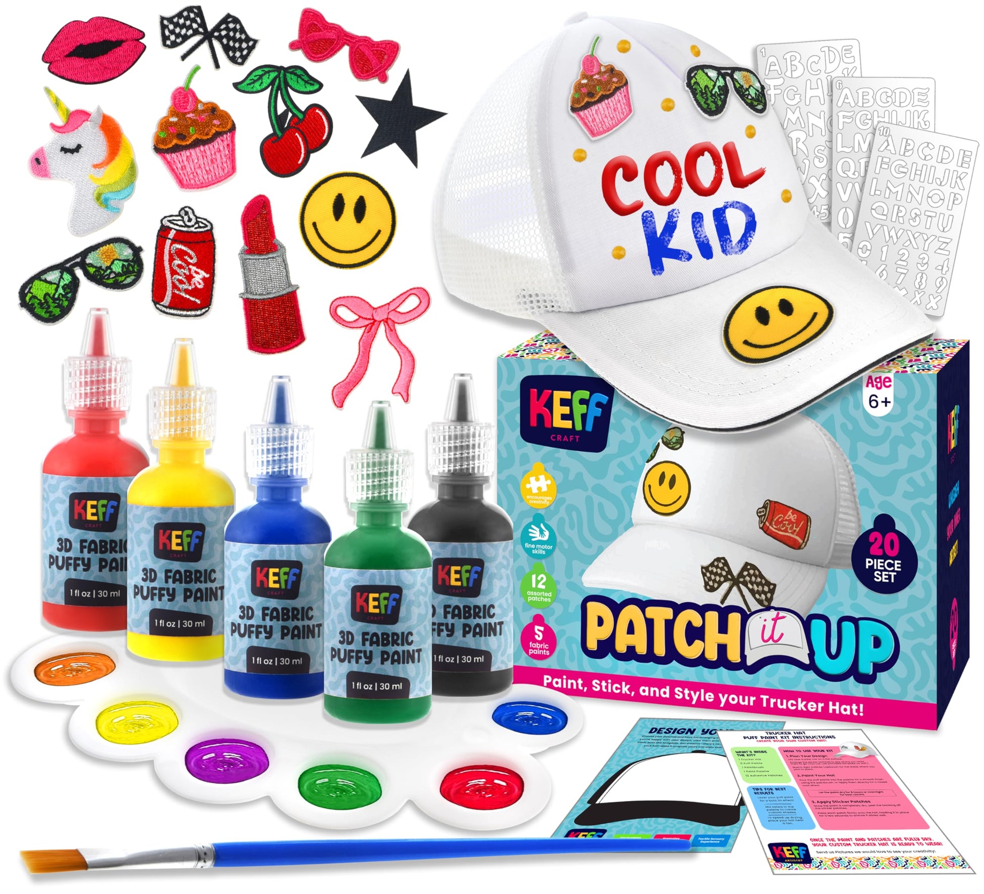 KEFF Decorate Your Own Blank Trucker Hat for Kids - Includes 1 Mesh-Back Cap, 12 Embroidered Patches (Stick on Patches), 5 Puff Paints, Paint Brush