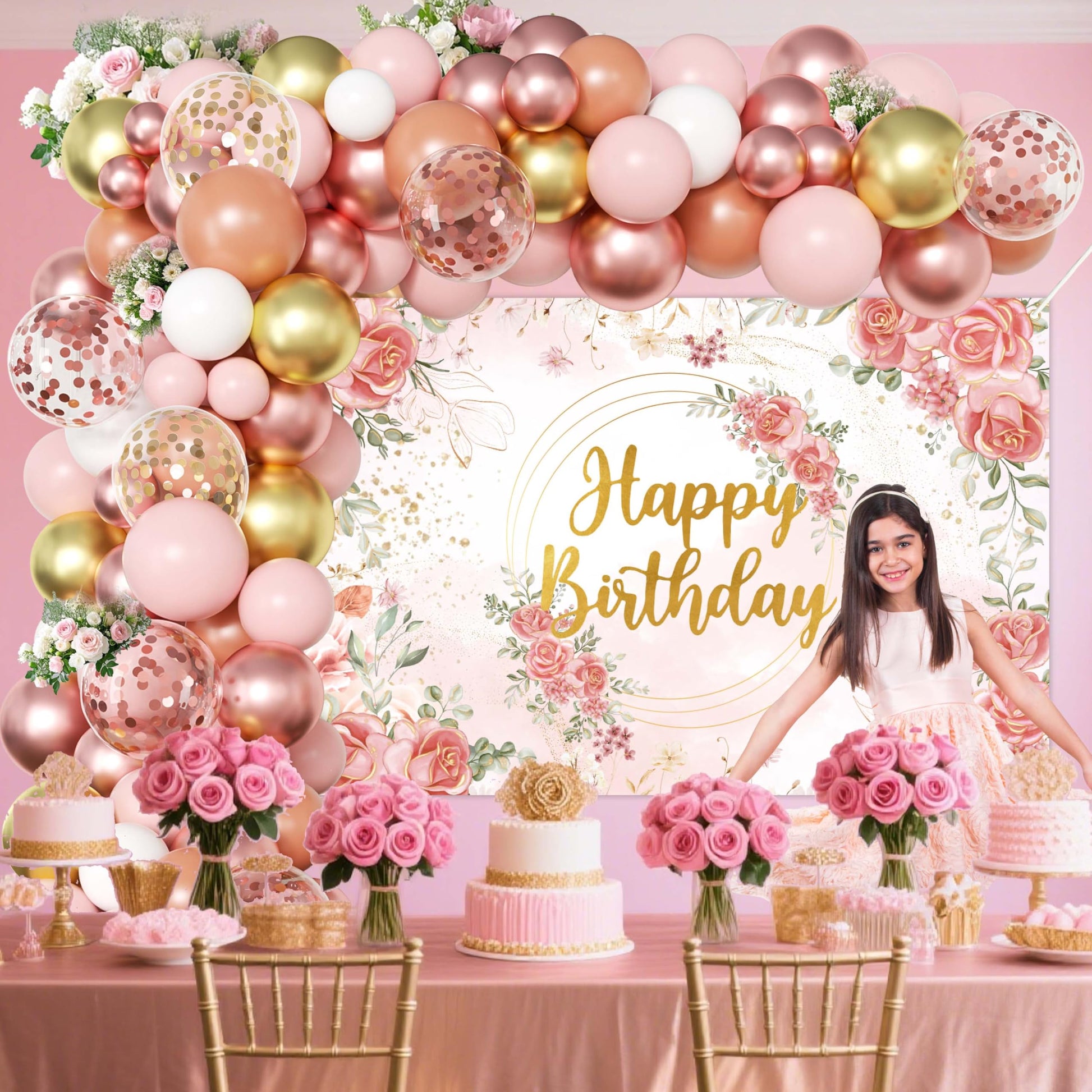 Rose Gold Floral Birthday Decorations for Women,Balloon Garland Kit, Pastel Nude Pink Metallic Matte White Balloons with Gold RoseGold Confetti