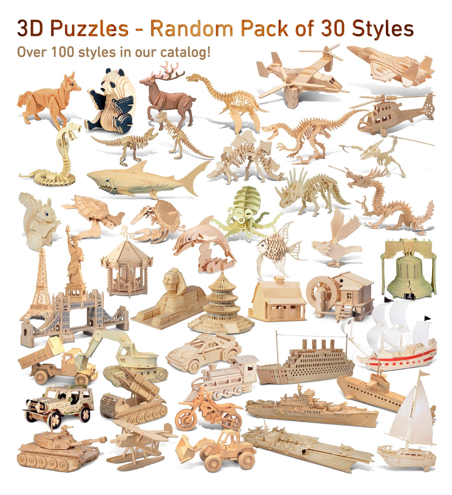 Puzzled 3D Wooden Puzzles Pack of 30 - Wood Craft Construction Model Kits for Kids & Adults of Assorted Random 30 Kits, Educational DIY Toy