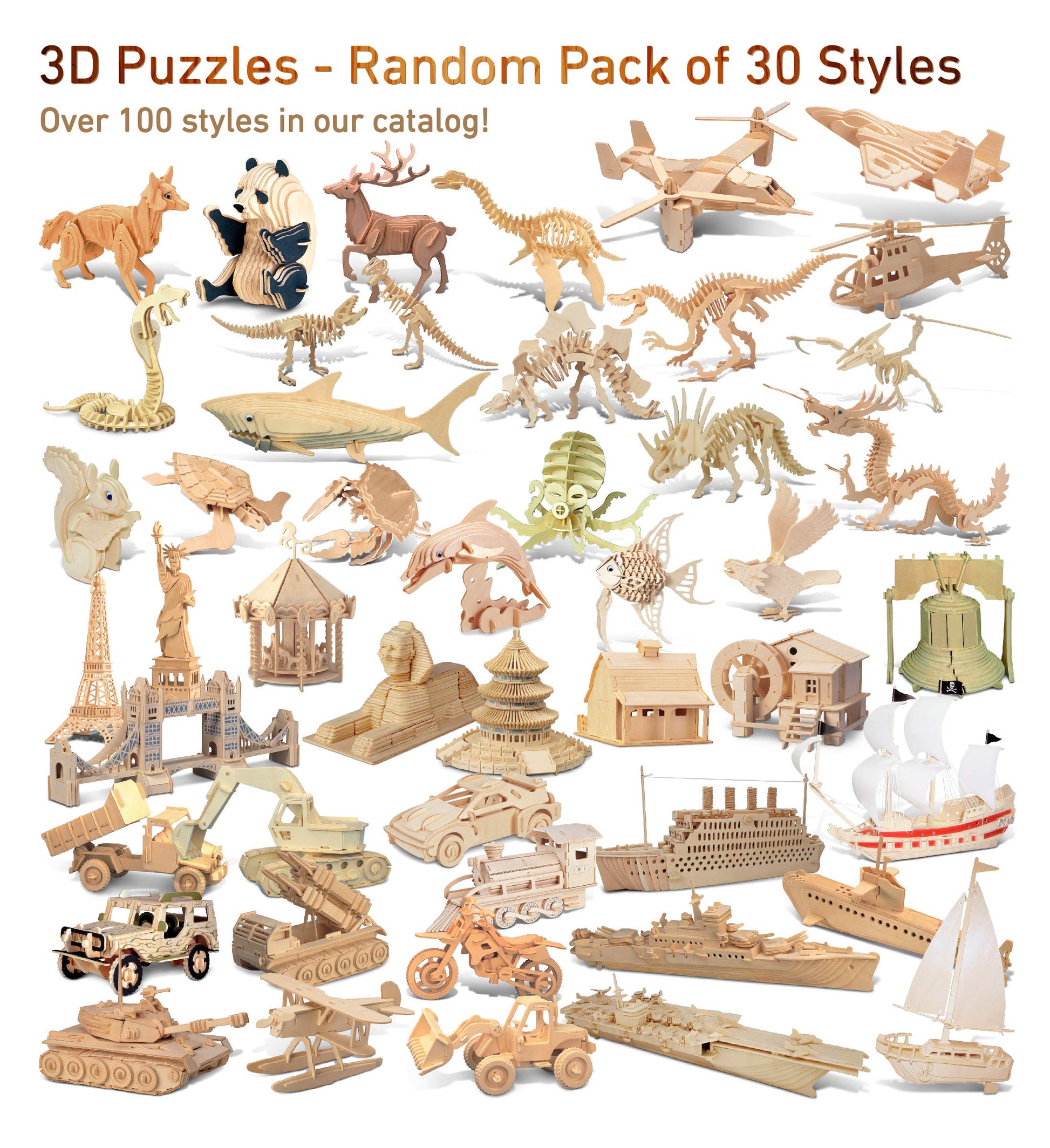 Puzzled 3D Wooden Puzzles Pack of 30 - Wood Craft Construction Model Kits for Kids & Adults of Assorted Random 30 Kits, Educational DIY Toy