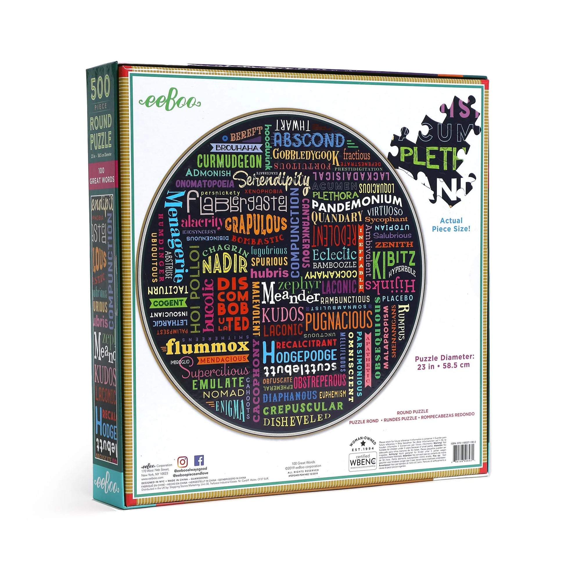 eeBoo 500 Piece Puzzle - 100 Great Words Jigsaw Puzzle for Adults, Circular with 23" Diameter Made with Recycled Board & Vegetable-Based Ink