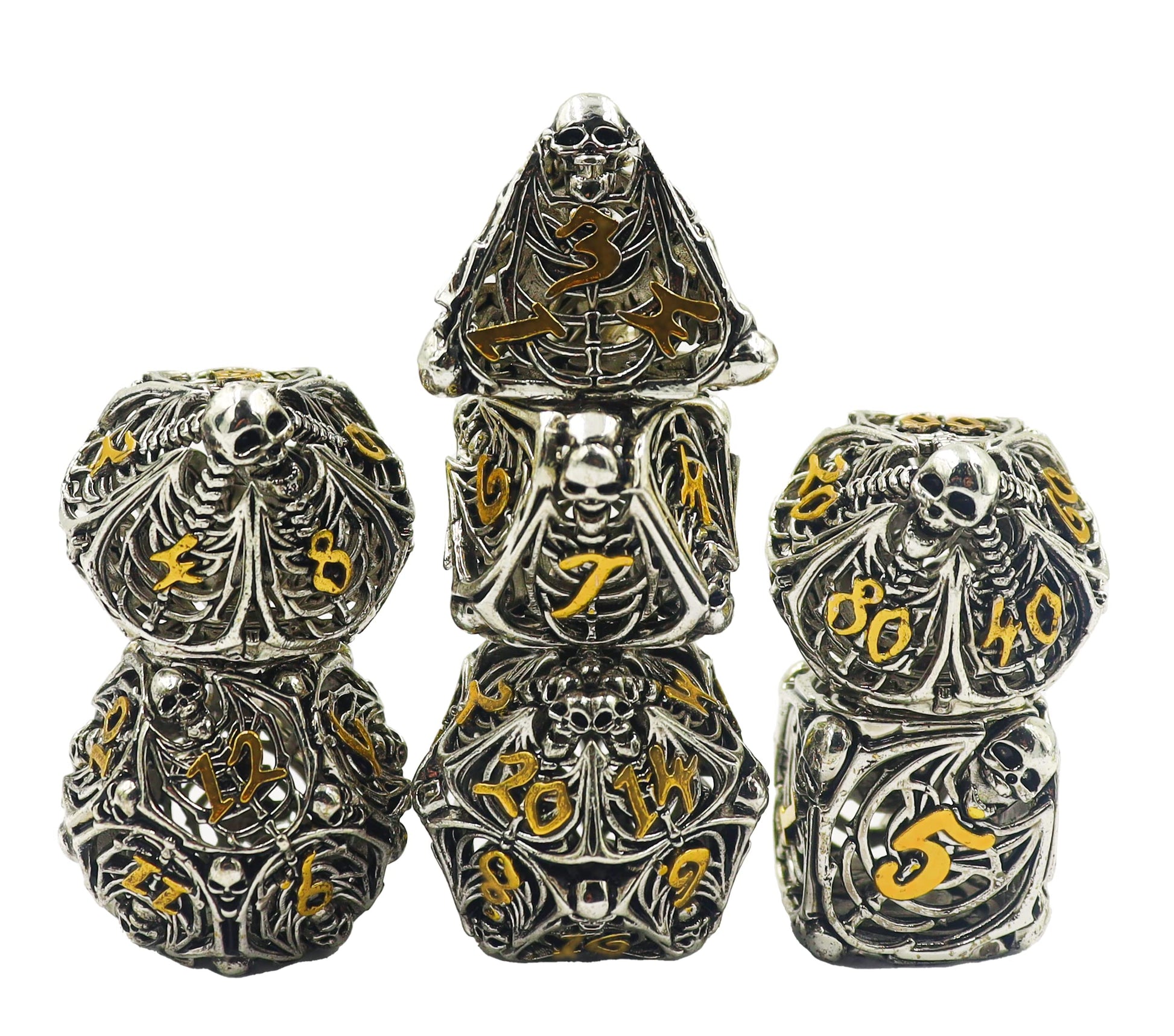 Metal DND Dice Set Skull Dungeons and Dragon Dice Set Hollow Polyhedral Magic 7 PCS Dice Set with Gift Metal Box for Dungeons and Dragons Table Games