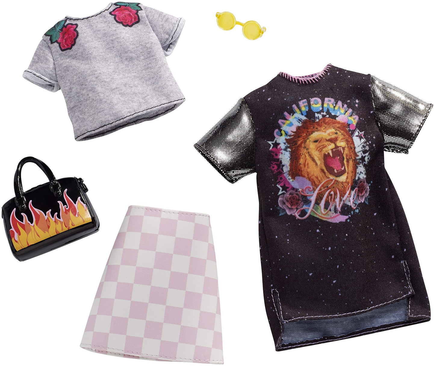 Barbie Clothes - 2 Outfits Doll Include a T-Shirt Dress with Retro Rock Graphic and Flame-Decorated Purse, Gift for 3 to 8 Year Olds