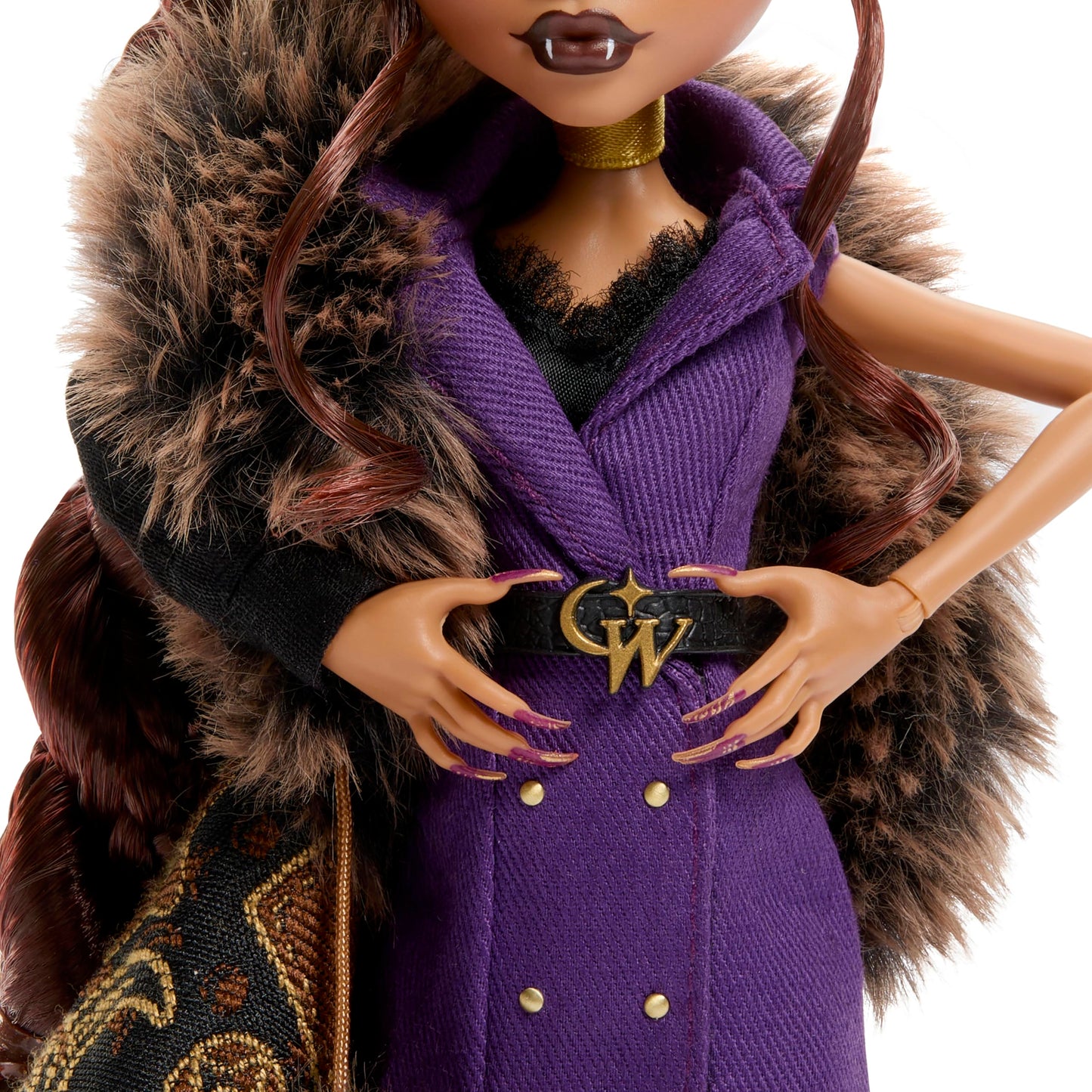 Monster High Doll, Clawdeen Wolf House of Wolf Collectible with Faux Fur Jacquard Coat, Purple Blazer Dress, Pantaboots and Golden Accessories