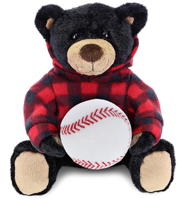 DolliBu Black Bear with Baseball Plush with Red Plaid Hoodie - Soft Huggable Bear, Playtime Teddy Bear Plush Toy, Baseball Plush Stuffed Animal Toy