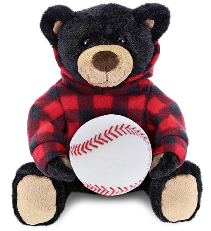 DolliBu Black Bear with Baseball Plush with Red Plaid Hoodie - Soft Huggable Bear, Playtime Teddy Bear Plush Toy, Baseball Plush Stuffed Animal Toy