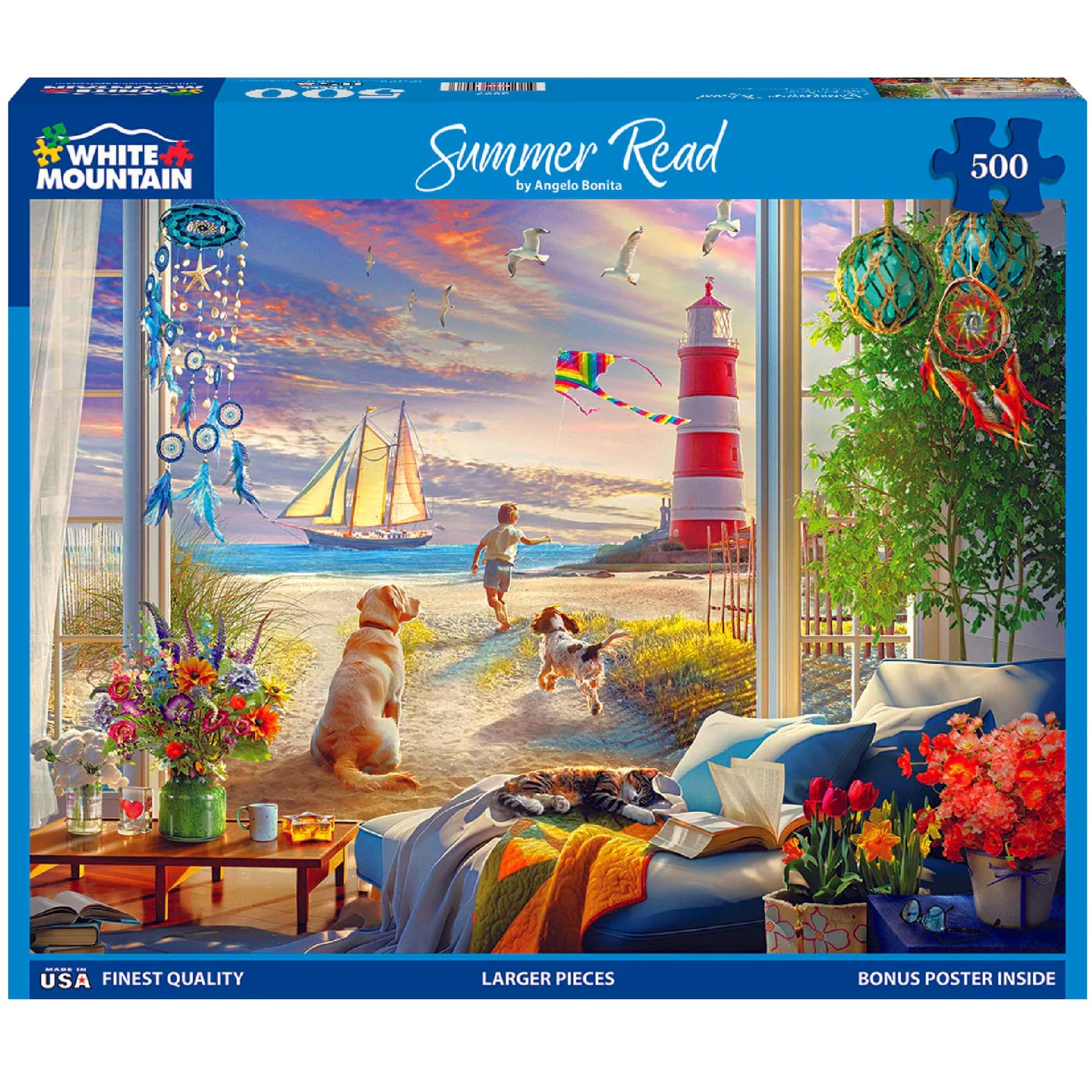 White Mountain 500 Piece Jigsaw Puzzle Beach Lighthouse Dog, Summer Road