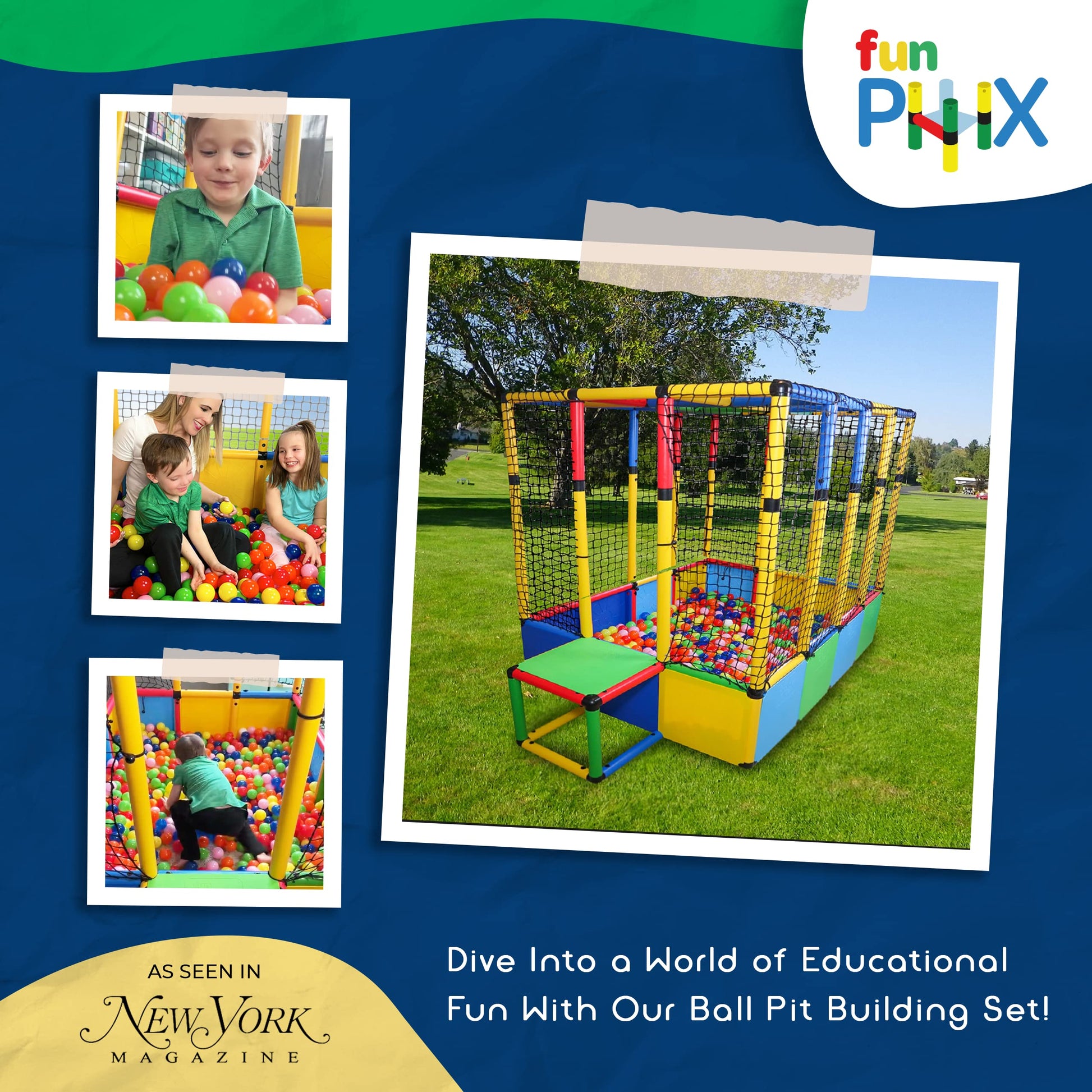 Funphix Large Ball Pits for Toddlers I Dive in Ball Pit Building Toy with Net, Bungee Cords, Tubes & Connectors I Indoor & Outdoor Playset For Kids