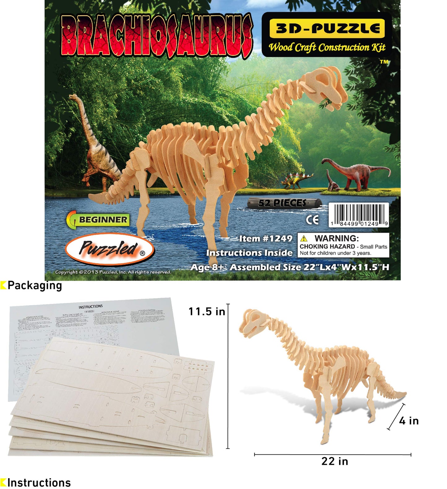 Puzzled Brachiosaurus LR 3D Natural Wood Puzzle
