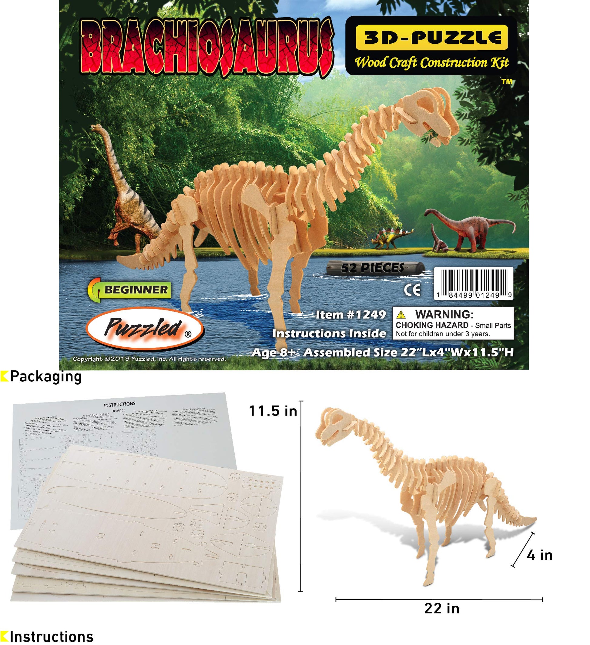 Puzzled Brachiosaurus LR 3D Natural Wood Puzzle