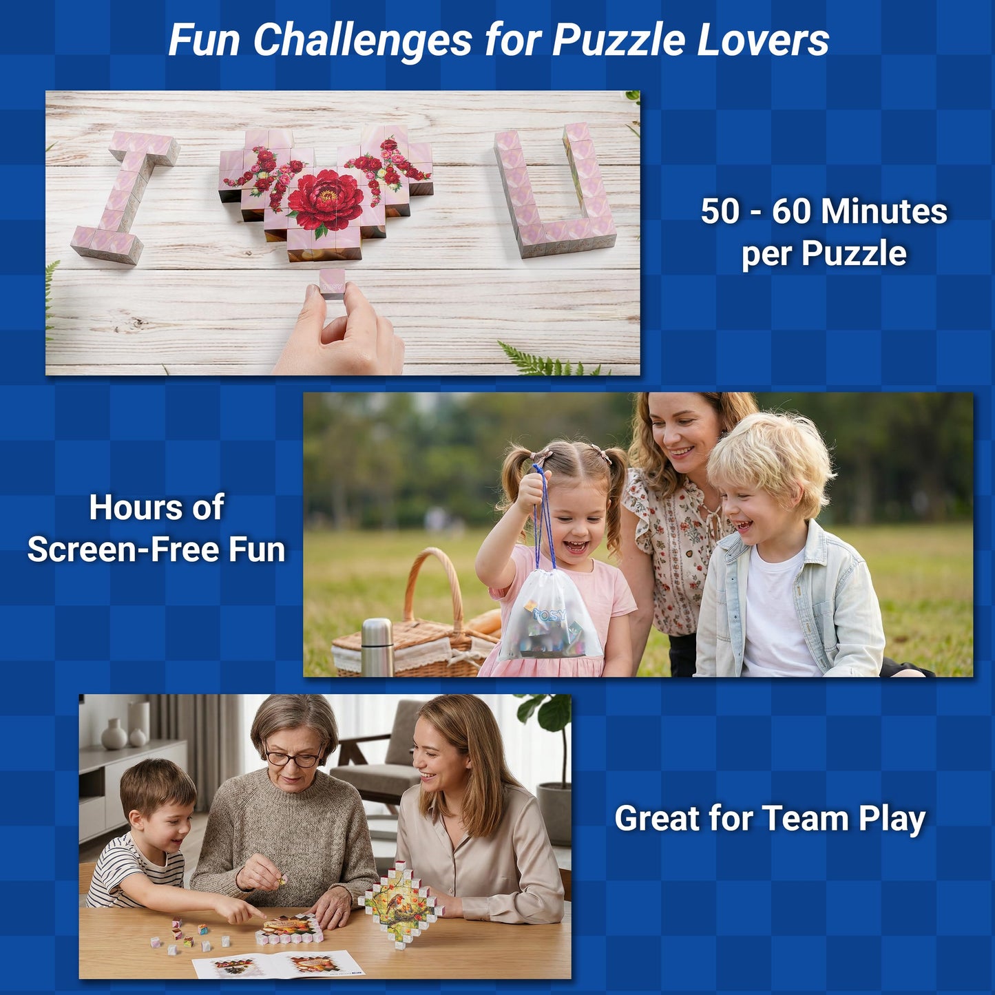 TOSY Picture Cube I Love You Mom: 6-in-1 Magnetic Picture Puzzle, 61 Blocks, 366 Puzzle Faces, 0.6in, B031, Seamless UV Art, Display-Ready Frame