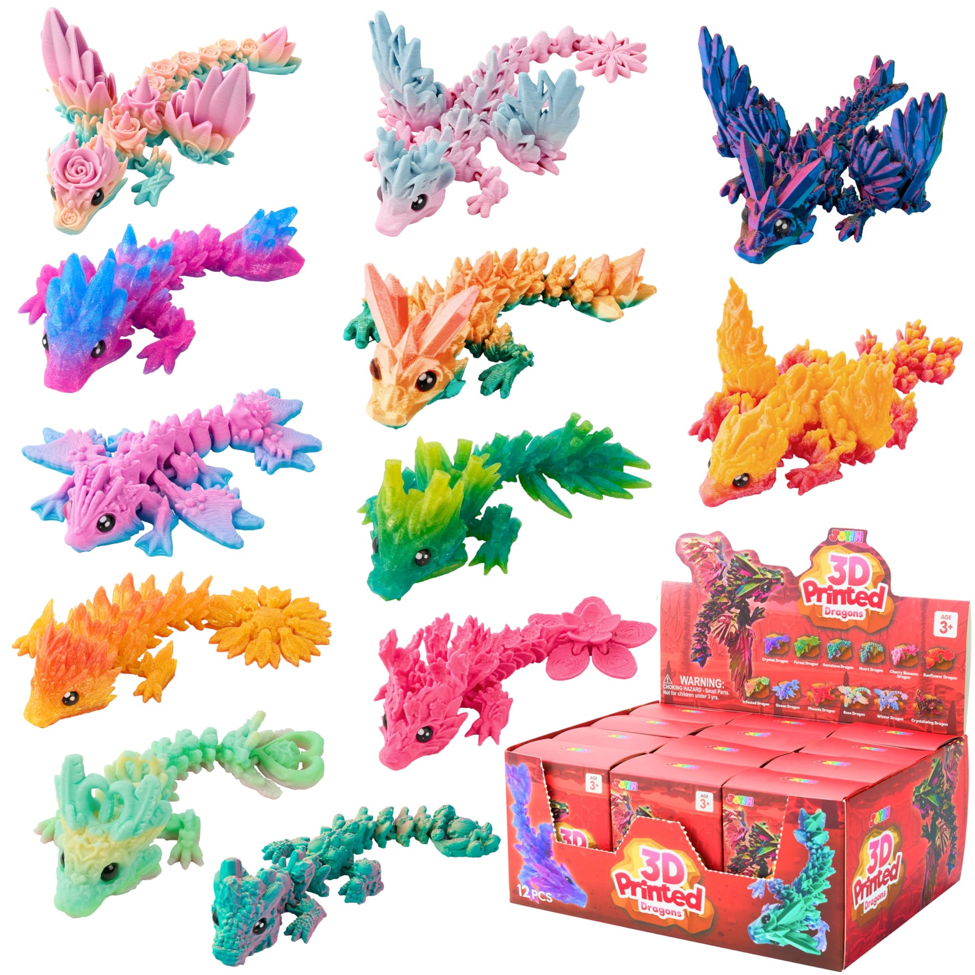 JOYIN 12 Pcs 3D Printed Dragon Blind Box Series, Mystery Box Party Favors for Kids 8-12, Mini Articulated Fidget Animals, Bulk Sensory Toys for Goodie