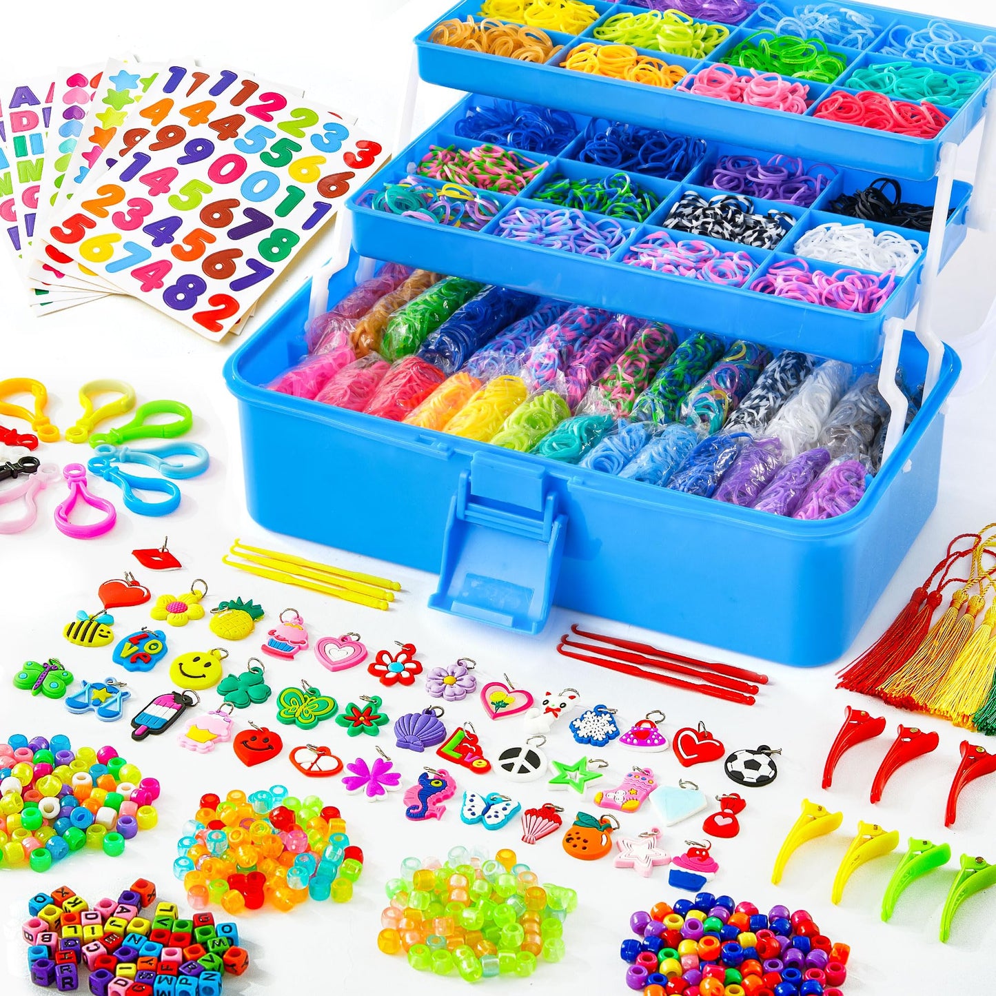 INSCRAFT 17500+ Rubber Loom Bands with 3 Layer Deep Blue Container, 28 Colors, 600 S-Clips, 352 Beads, 40 Cartoon Pendant, Bracelet Making Refill Kit