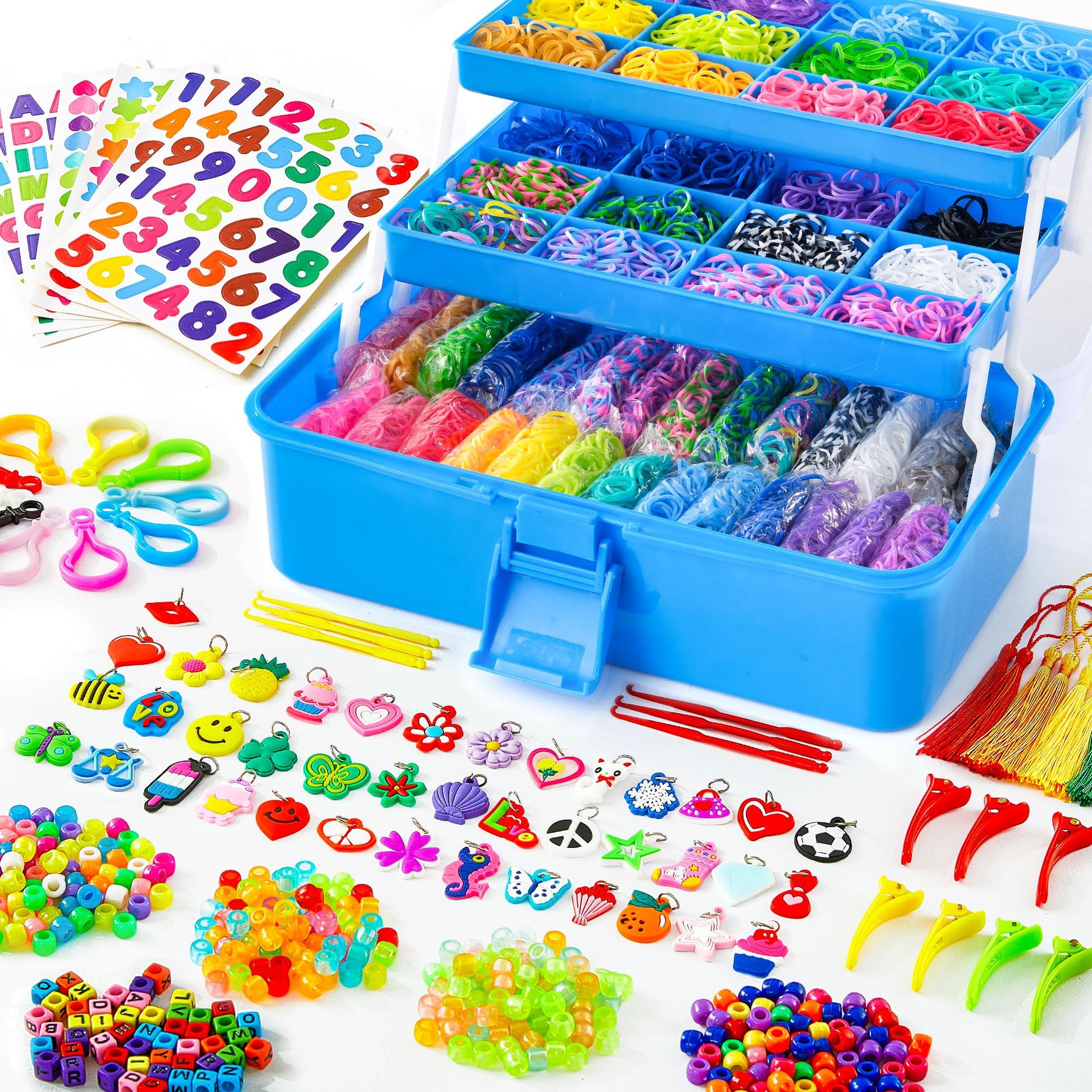 INSCRAFT 17500+ Rubber Loom Bands with 3 Layer Deep Blue Container, 28 Colors, 600 S-Clips, 352 Beads, 40 Cartoon Pendant, Bracelet Making Refill Kit