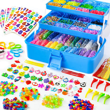 INSCRAFT 17500+ Rubber Loom Bands with 3 Layer Deep Blue Container, 28 Colors, 600 S-Clips, 352 Beads, 40 Cartoon Pendant, Bracelet Making Refill Kit