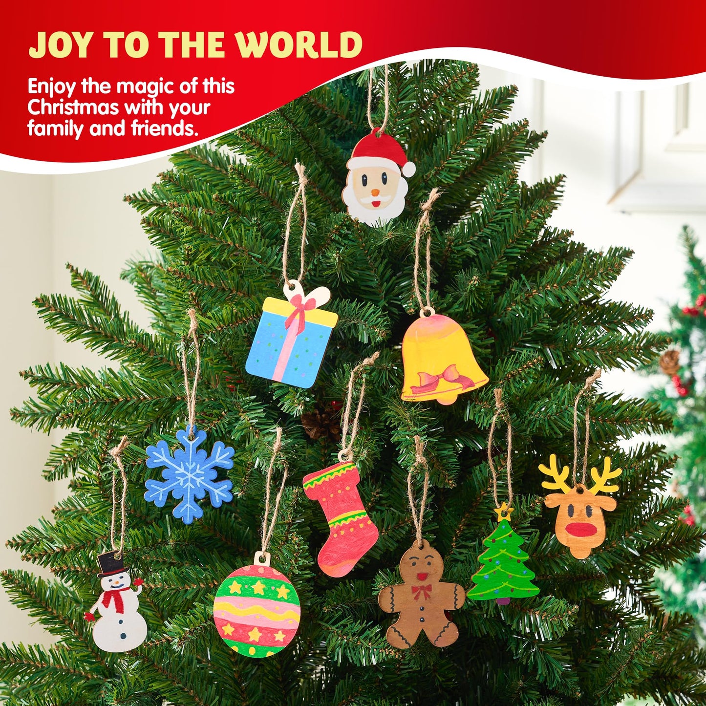 JOYIN 100 Pcs Christmas Wooden Ornaments Crafts to Paint, Unfinished Wood Painting Kits with 8 Watercolor Pens for Kids, Make Your Own DIY Hanging