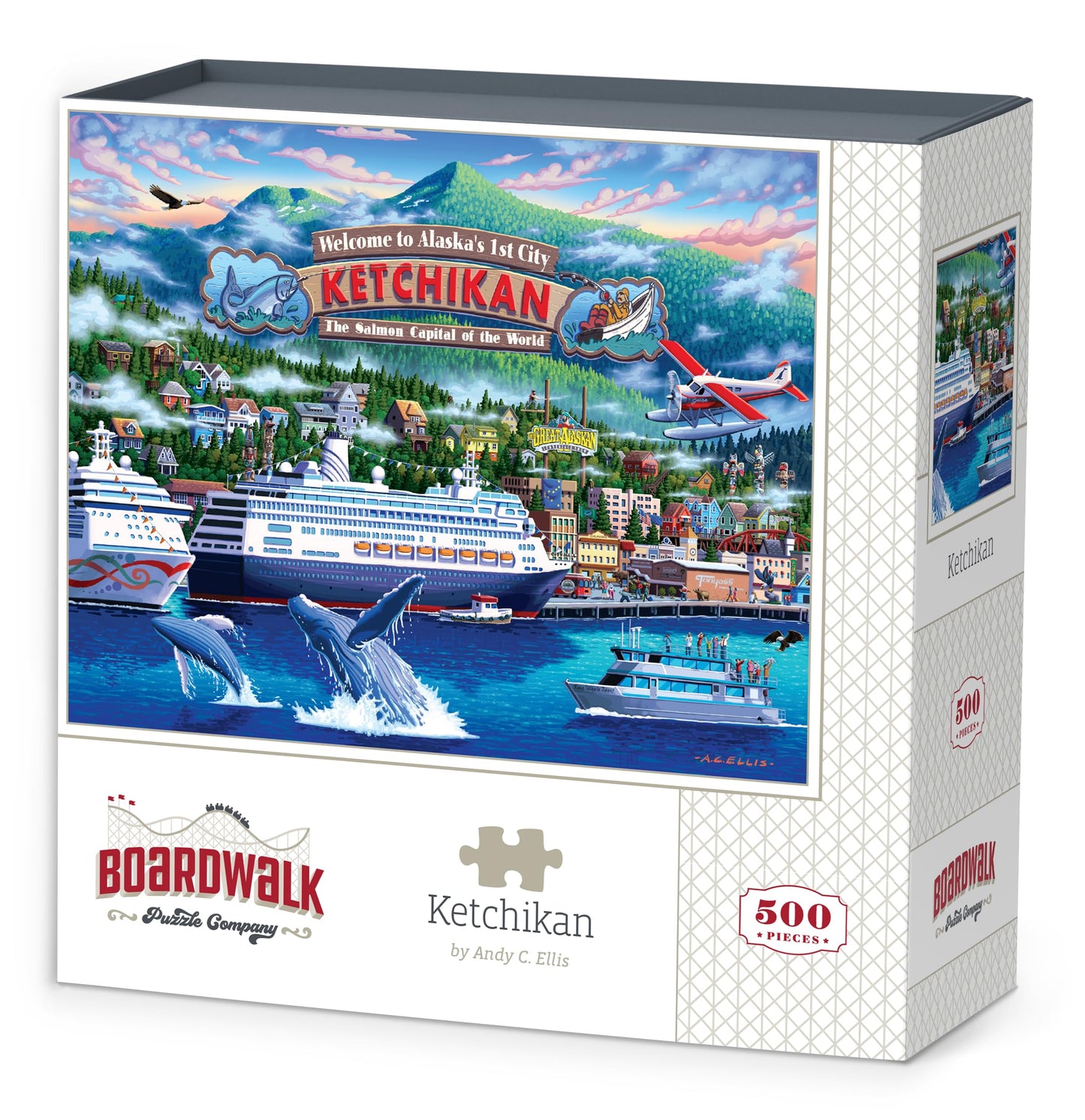 Boardwalk Ketchikan 500 Piece Jigsaw Puzzle Scenic Wildlife Alaska Puzzles with Premium Box, Gift for Adults and Family 16"x20"