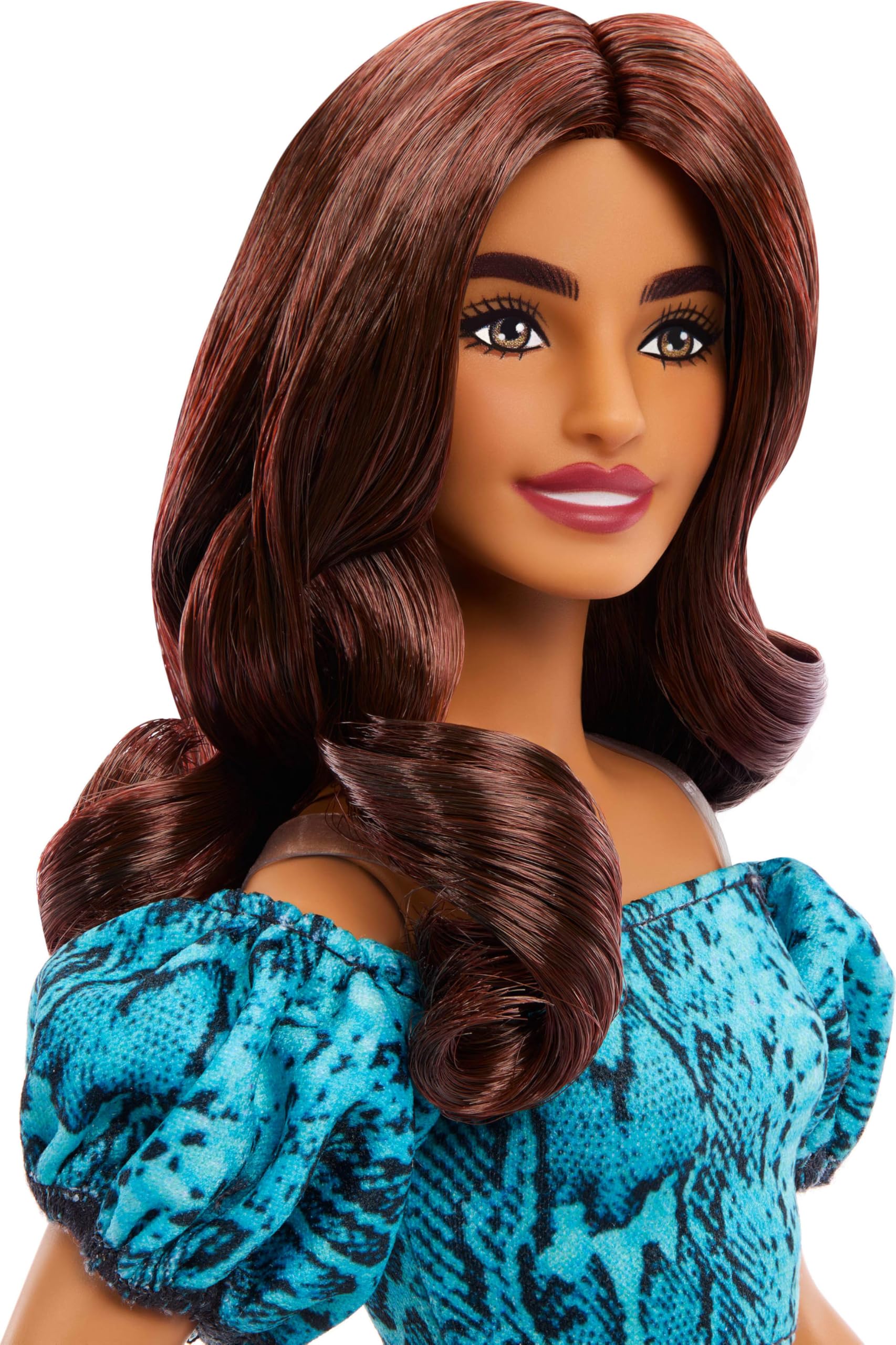 Barbie Fashionistas Style Doll #250 with Brown Hair, Wearing Turquoise Snake Print Skirt, Turquoise Snake Print Top, Black Strappy Heels