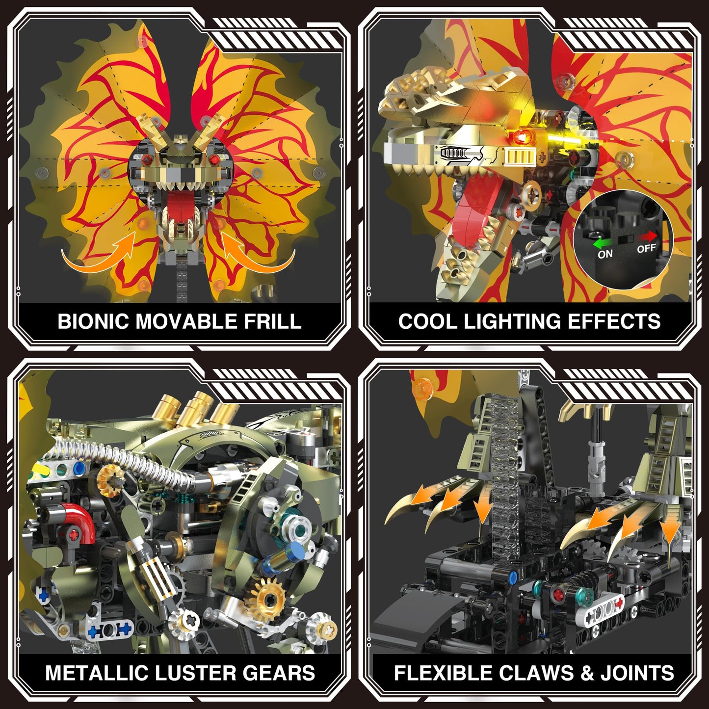 OrbBlaster Mechanical Dilophosaurus Building Set, Technic Dinosaur Model with Manual Linkage & LED Eyes, Steampunk Robot Collectible, Creative STEM