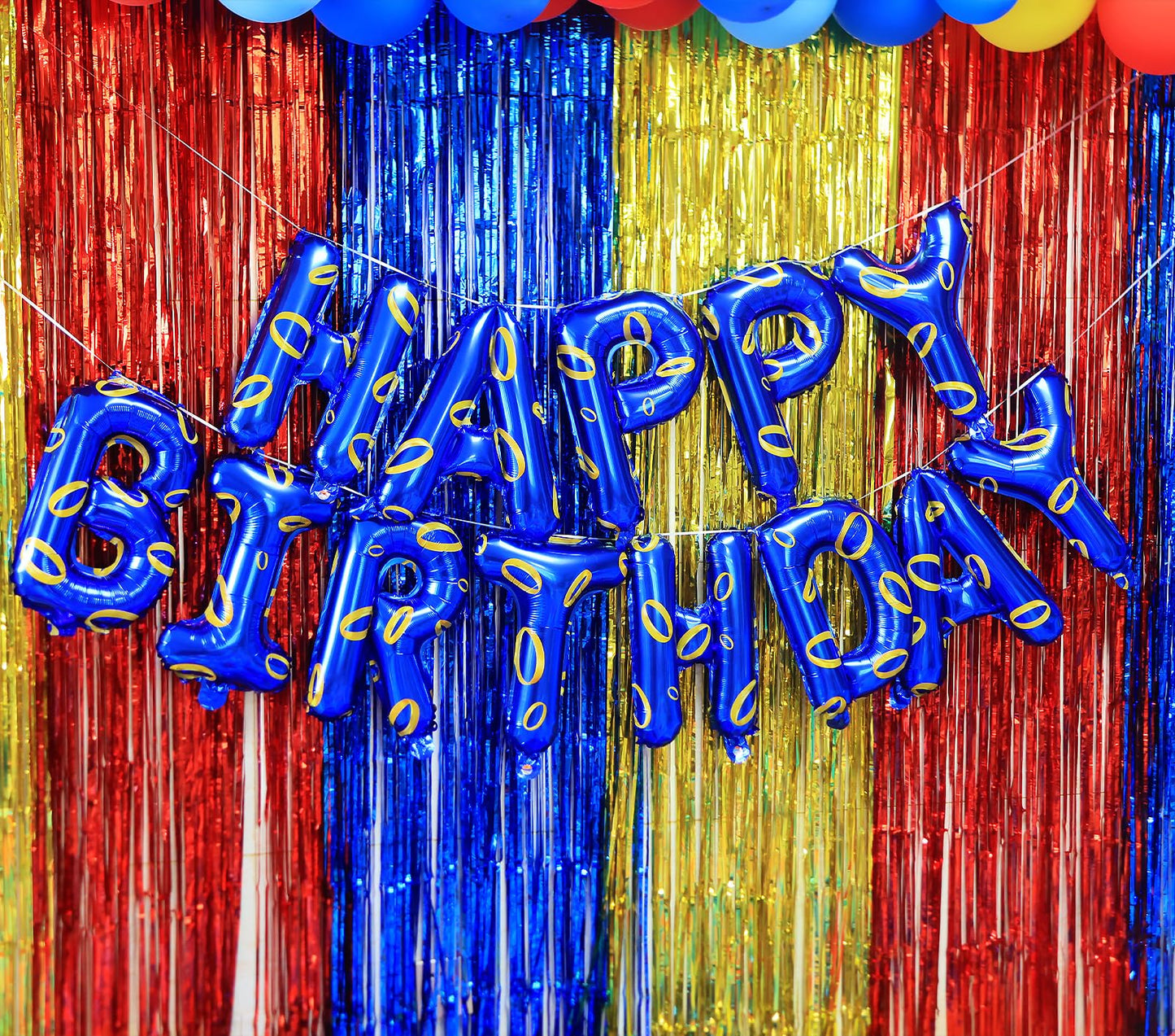 Cartoon Blue Hedgehog Theme Happy Birthday Banner Party Decorations Supplies Blue and Gold Ring Print Balloons Letters Signs Backdrop for Boys Kids