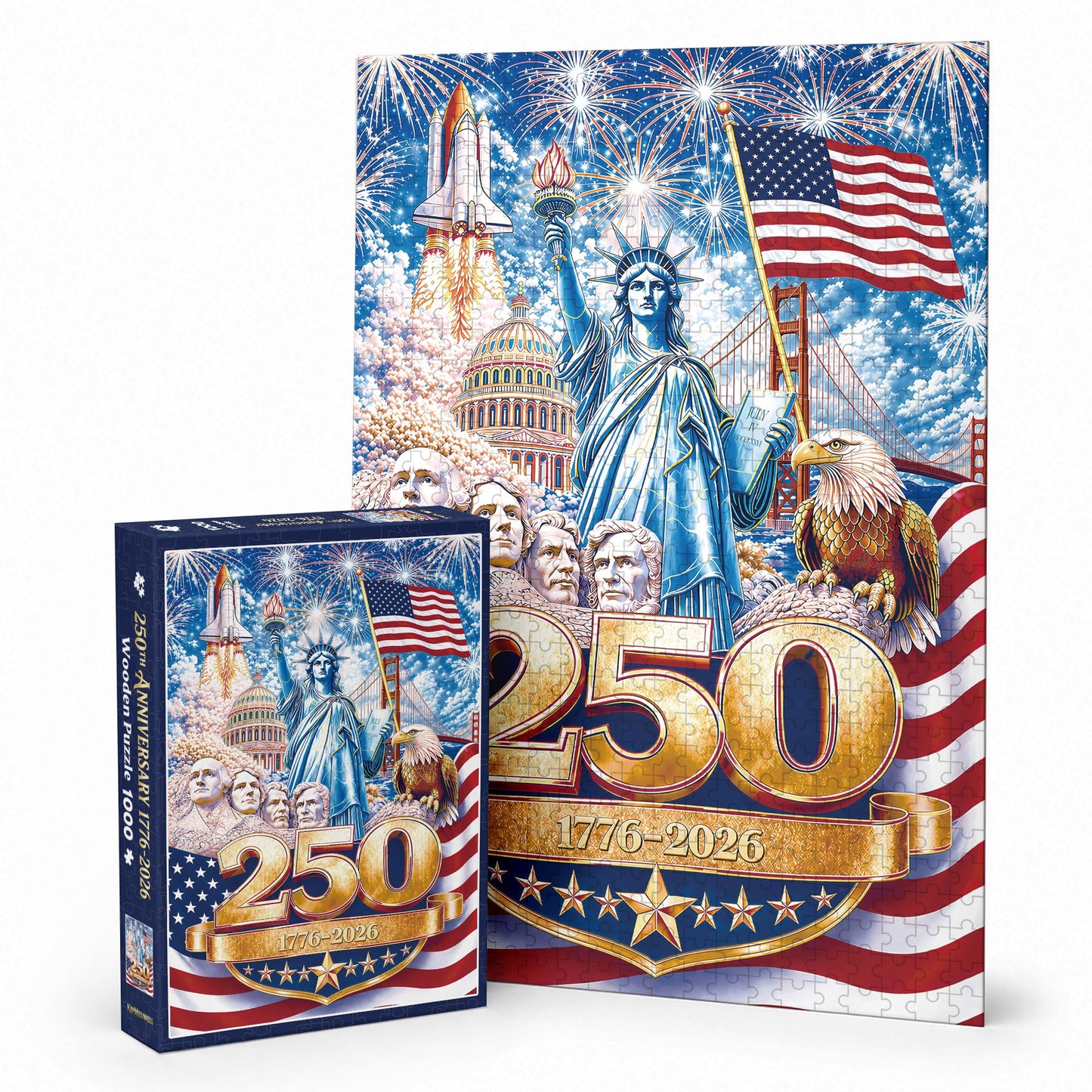 America 250 Anniversary Wooden Puzzle 1000 Pieces, USA 250th 1776-2026 Patriotic Artwork with Letters on Back, Challenging Jigsaw Puzzles for Adults