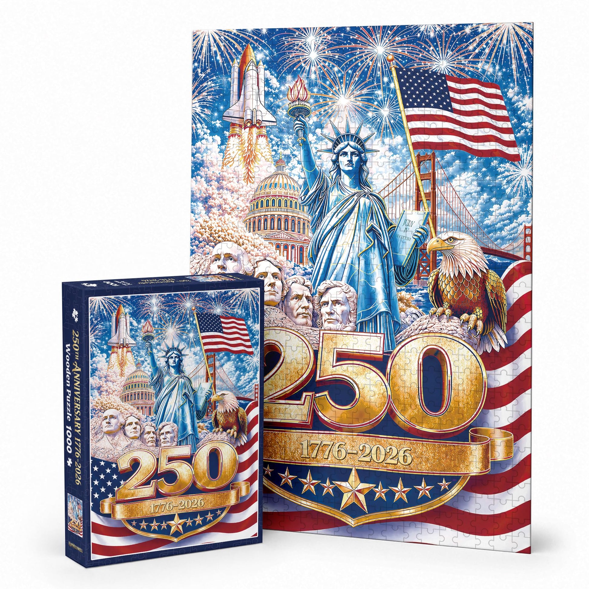 America 250 Anniversary Wooden Puzzle 1000 Pieces, USA 250th 1776-2026 Patriotic Artwork with Letters on Back, Challenging Jigsaw Puzzles for Adults