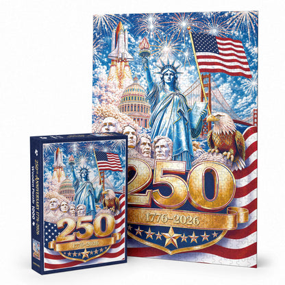 America 250 Anniversary Wooden Puzzle 1000 Pieces, USA 250th 1776-2026 Patriotic Artwork with Letters on Back, Challenging Jigsaw Puzzles for Adults