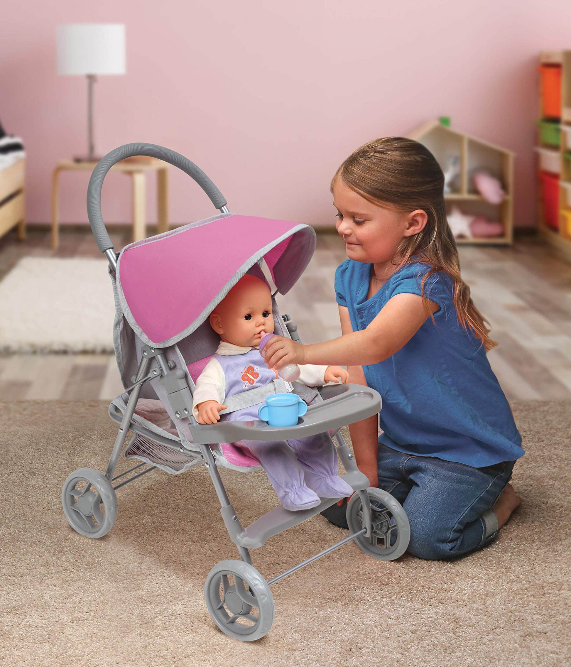 Badger Basket Deluxe Glide Folding Single Doll Stroller for 18-Inch Dolls in Gray and Pink - Ideal for Playtime Adventures