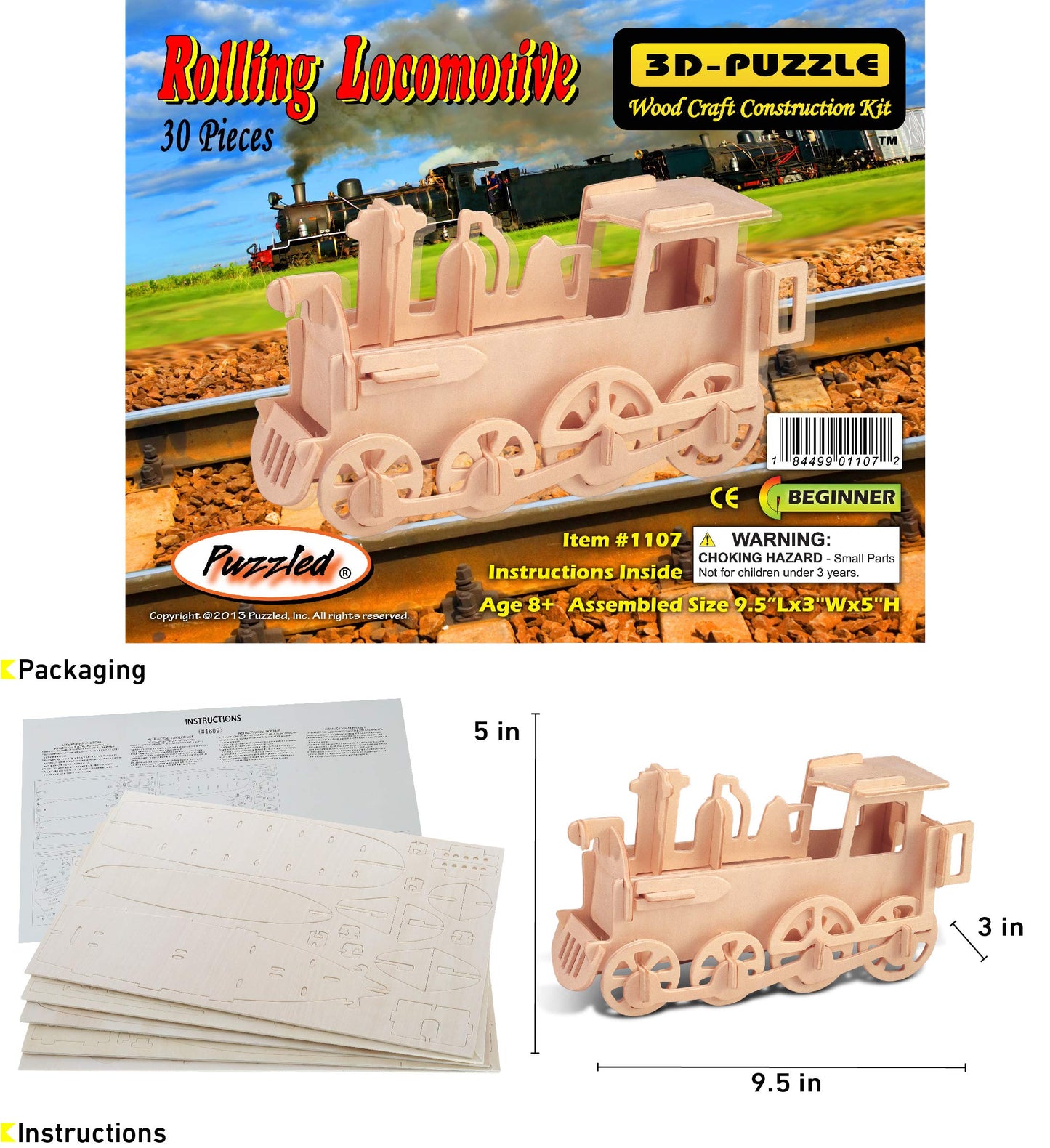 Puzzled 3D Puzzle Rolling Locomotive Train Wood Craft Construction Model Kit, Fun & Educational DIY Wooden Toy Assemble Unfinished Crafting Hobby