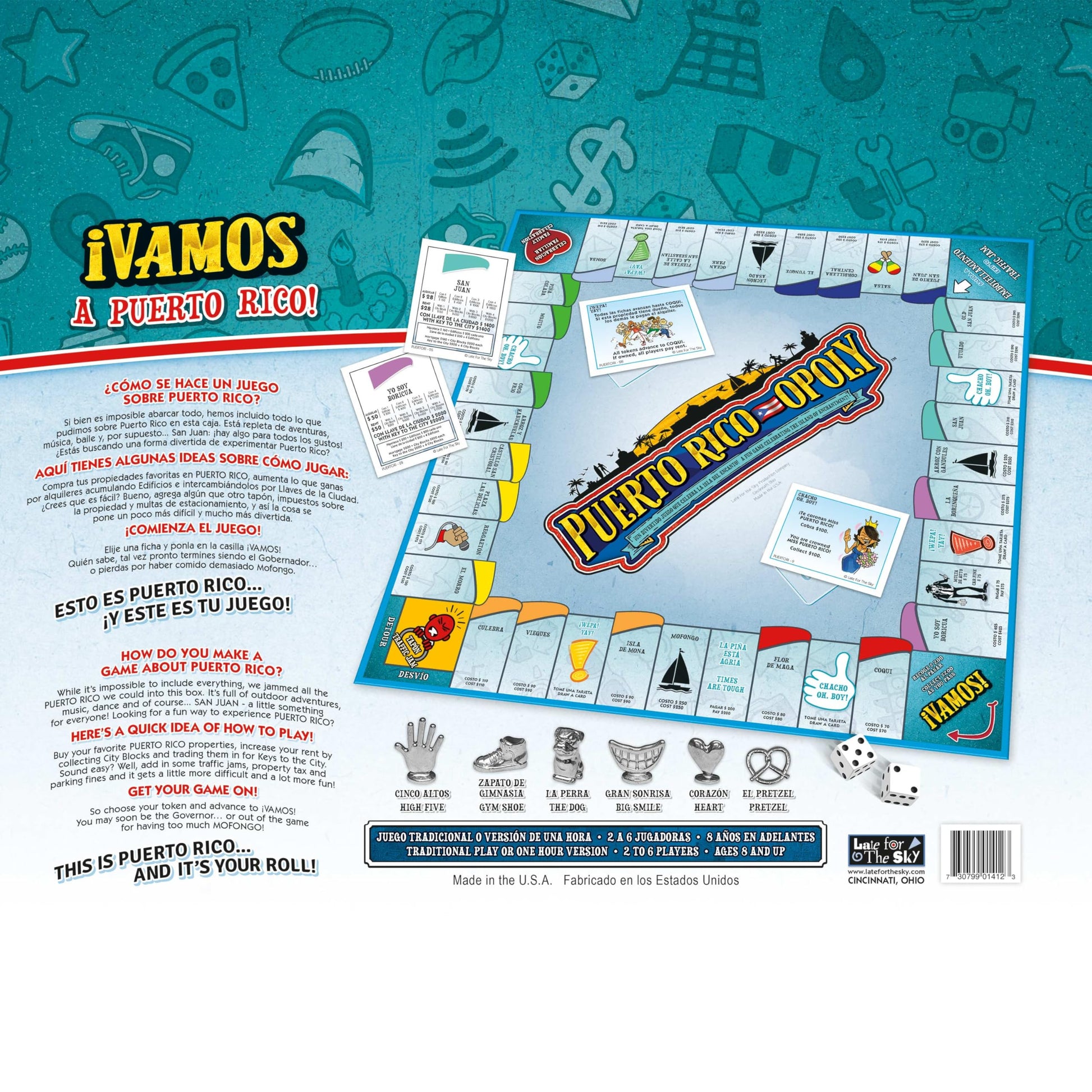 Late for The Sky Puerto RICO-OPOLY Bilingual Board Game, Puerto Rican Culture for Ages 8+, 2-6 Players, Collectible Tokens, Property Trading Fun