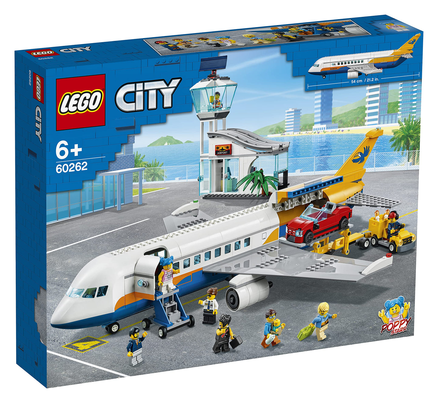 LEGO City Passenger Airplane 60262, with Radar Tower, Airport Truck with a Car Elevator, Red Convertible, 4 Passenger and 4 Airport Staff Minifigures,
